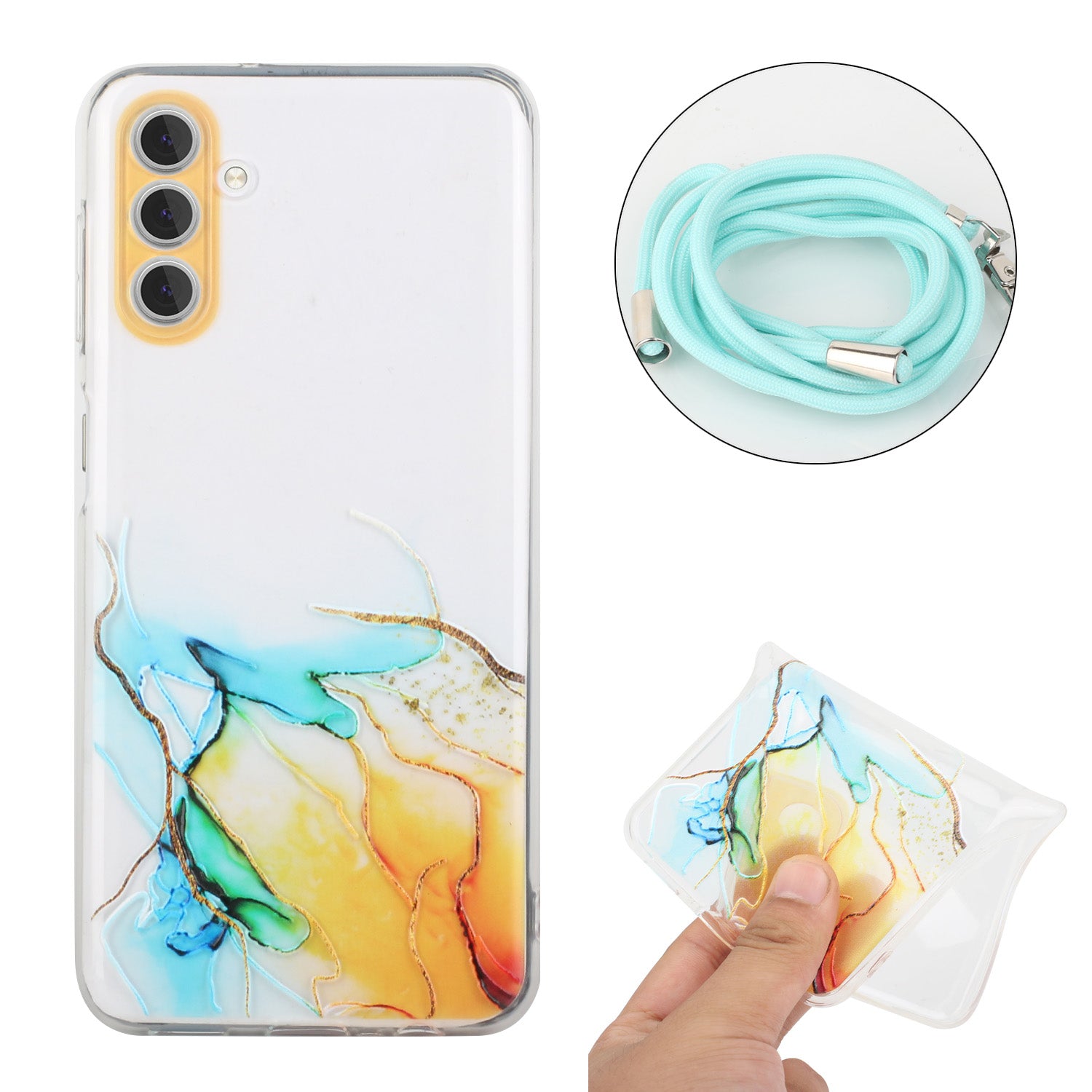 For Samsung Galaxy A25 5G (Global) (161.0 x 76.5 x 8.3mm) Case Hollow Marble Pattern TPU Phone Cover with Lanyard