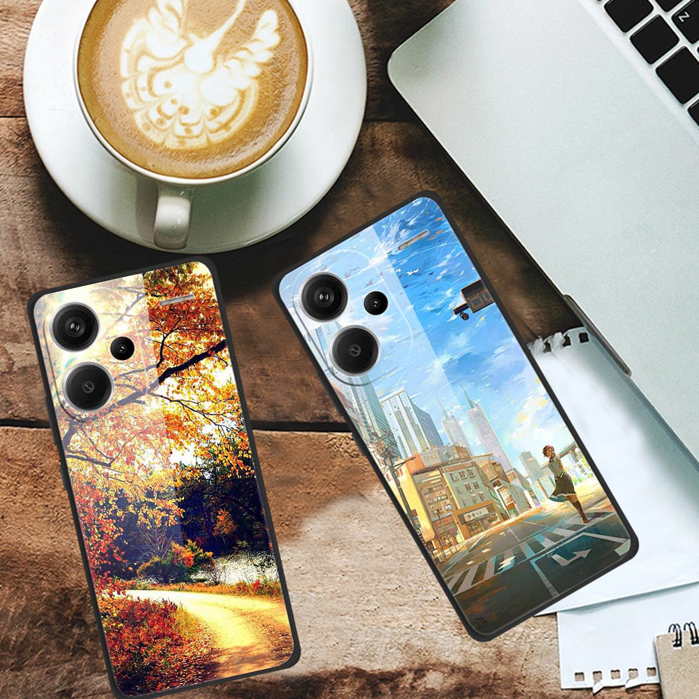 For Xiaomi Redmi Note 13 Pro+ 5G Cell Phone Case PC+Tempered Glass+TPU Pattern Printing Shell