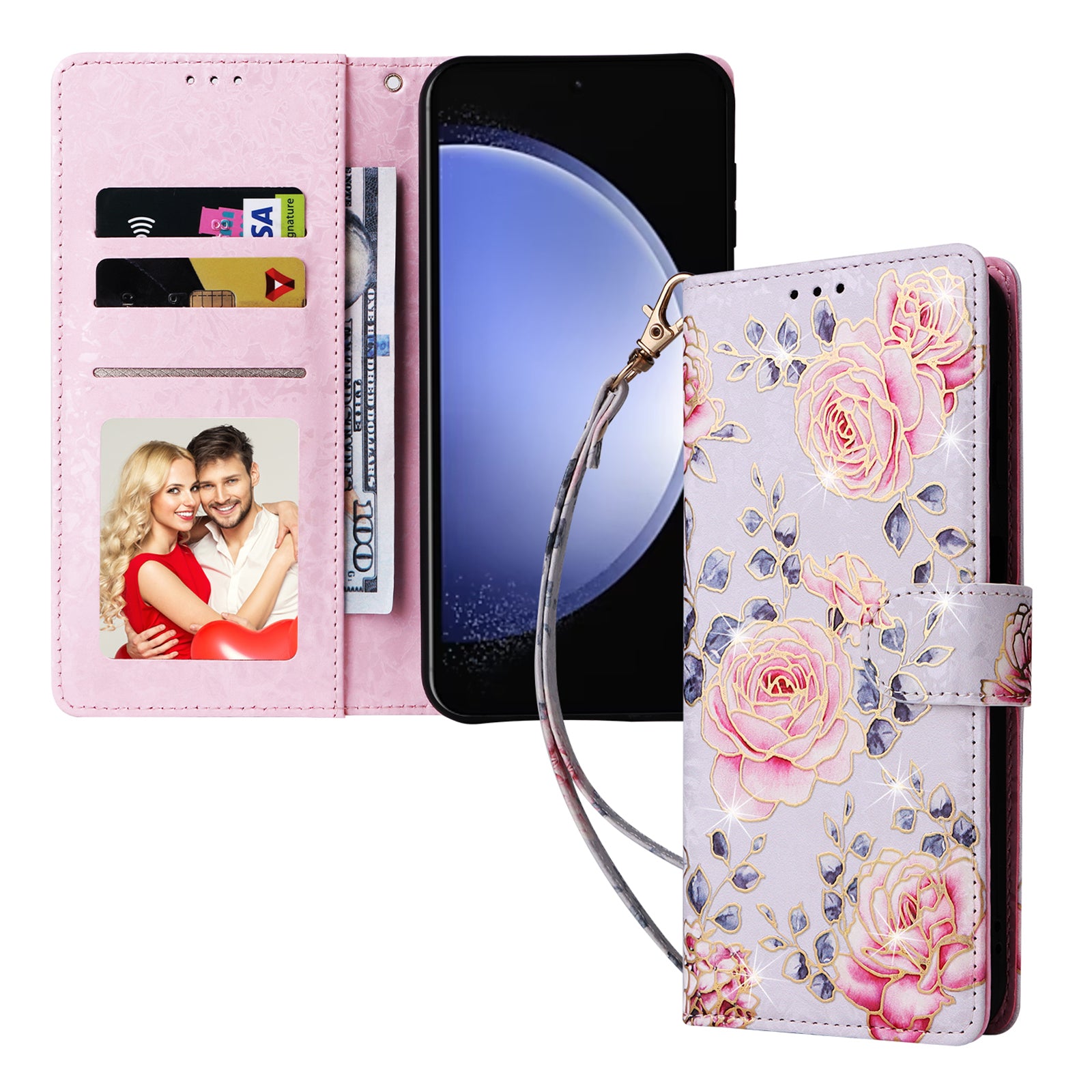For Samsung Galaxy S23 FE Case PU Leather Lacquered Flower Stand Wallet Phone Cover