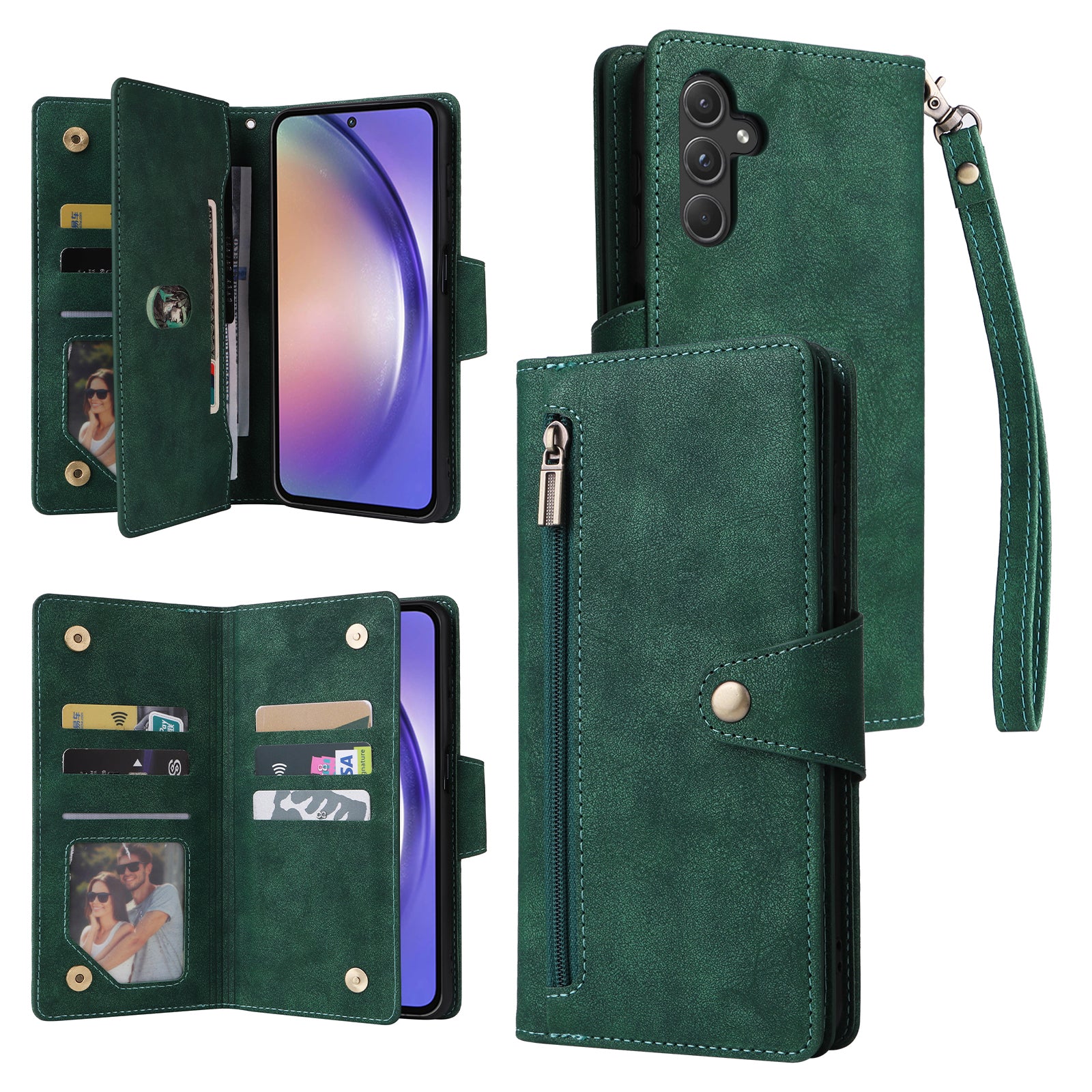 For Samsung Galaxy A55 5G Zipper Wallet Case Rivet Decor Leather Flip Phone Cover