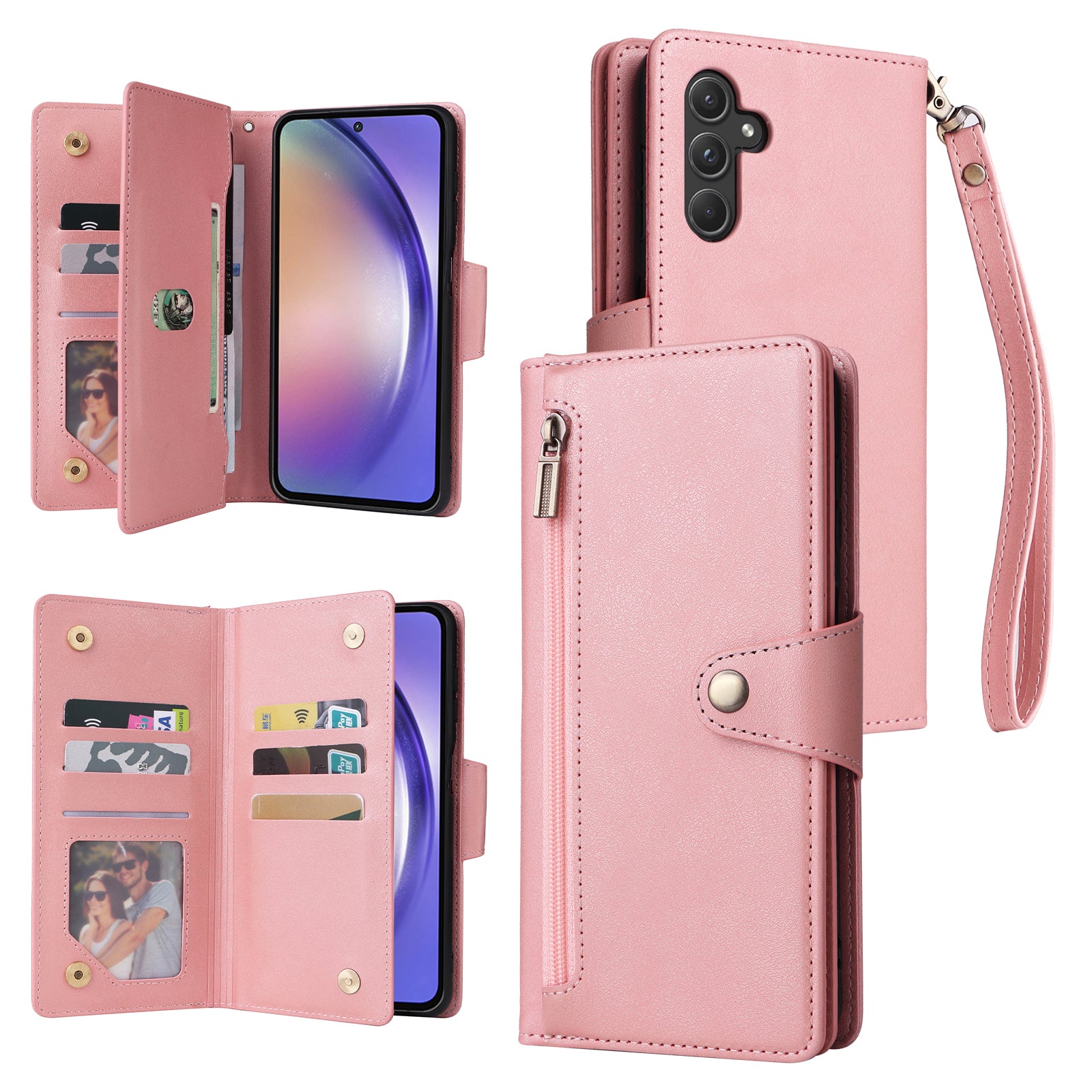 For Samsung Galaxy A55 5G Zipper Wallet Case Rivet Decor Leather Flip Phone Cover
