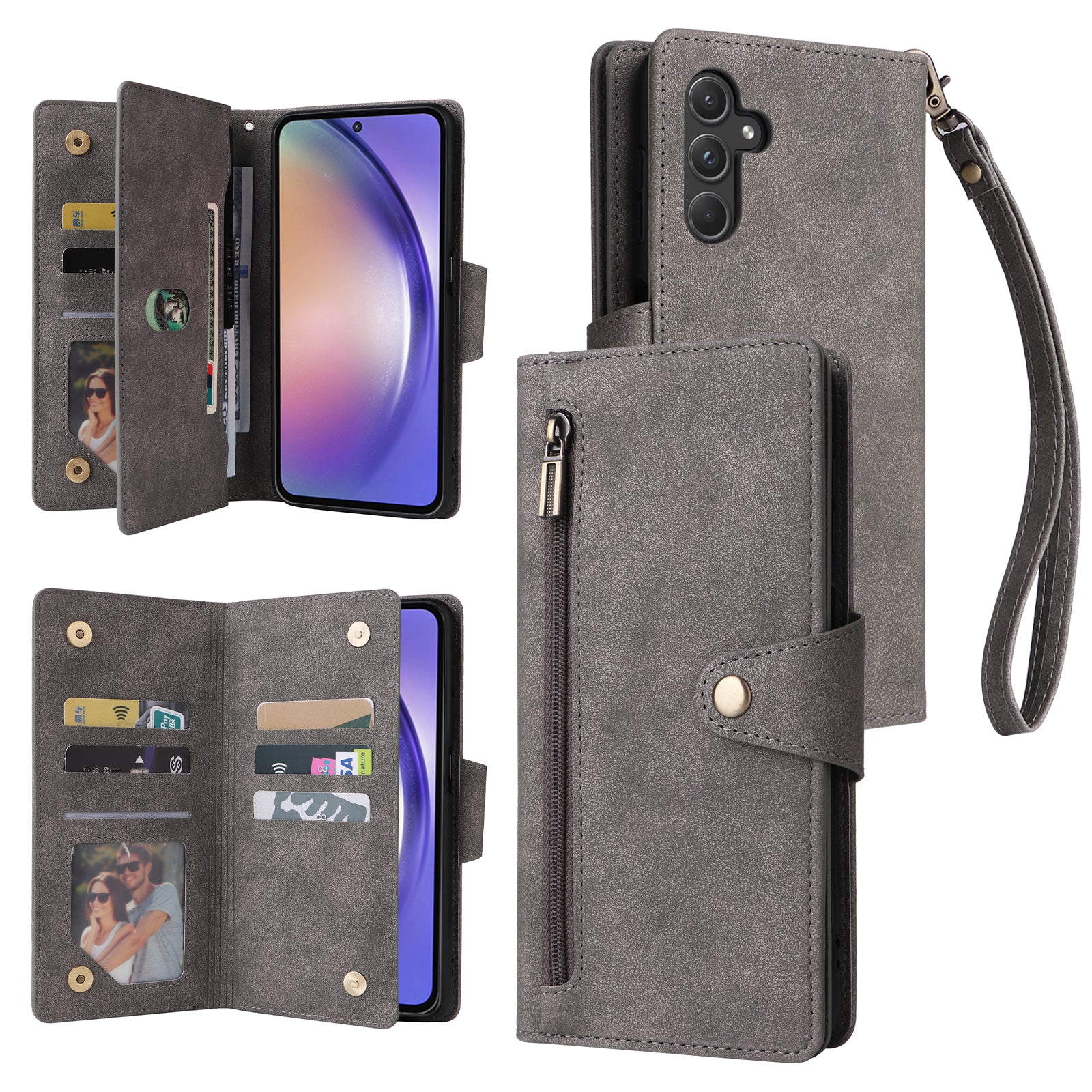 For Samsung Galaxy A55 5G Zipper Wallet Case Rivet Decor Leather Flip Phone Cover
