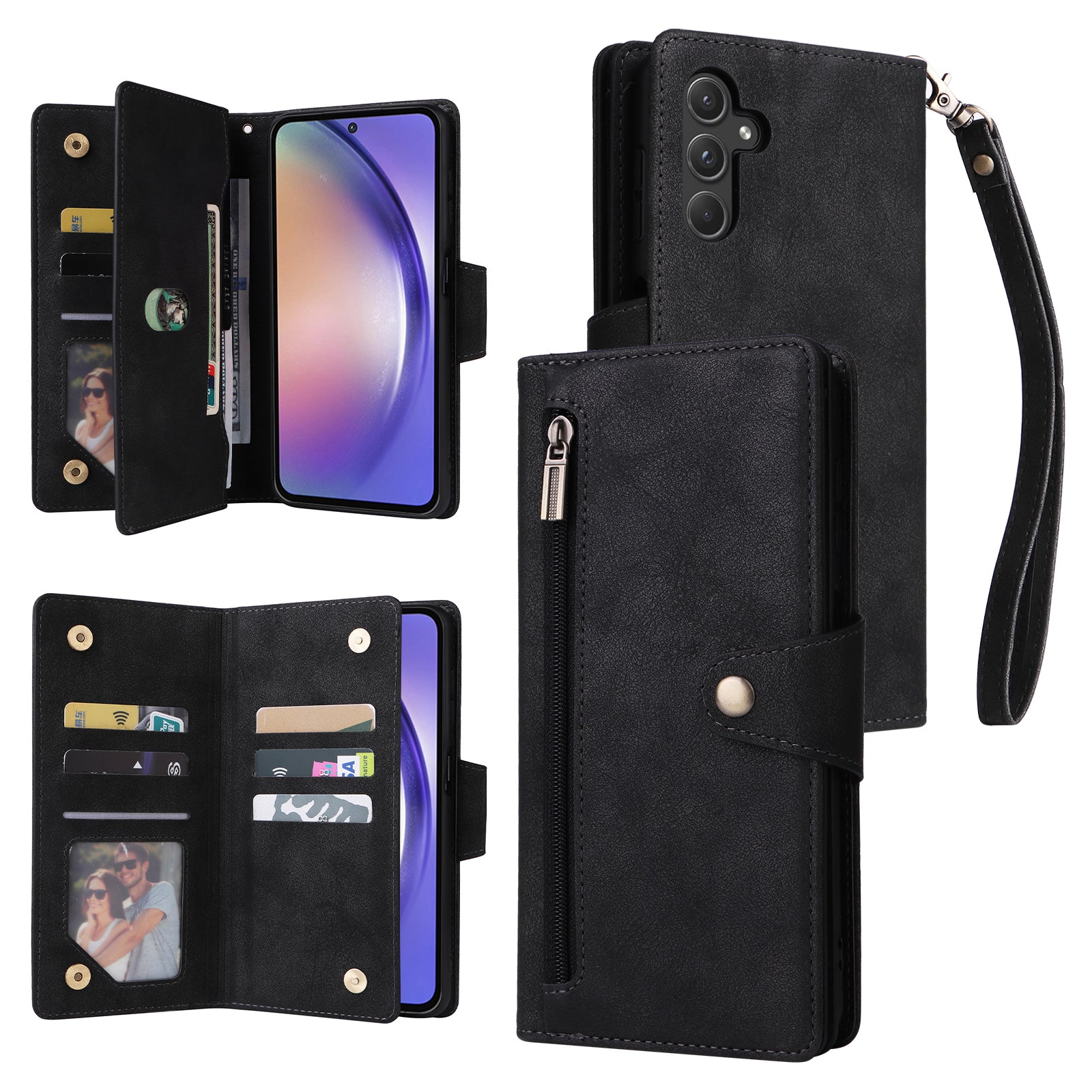 For Samsung Galaxy A55 5G Zipper Wallet Case Rivet Decor Leather Flip Phone Cover