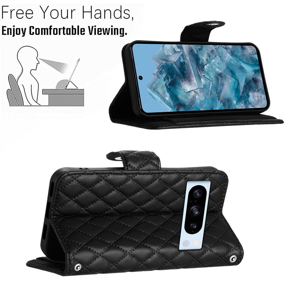 YB Imprinting Series-8 for Google Pixel 8 Pro Case Wallet Rhombus Pattern Phone Cover with Handy Strap