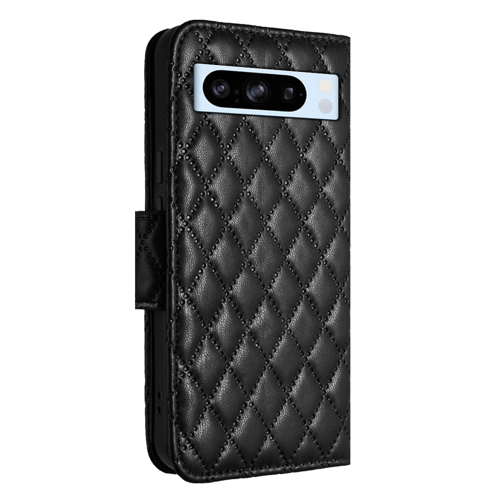 YB Imprinting Series-8 for Google Pixel 8 Pro Case Wallet Rhombus Pattern Phone Cover with Handy Strap