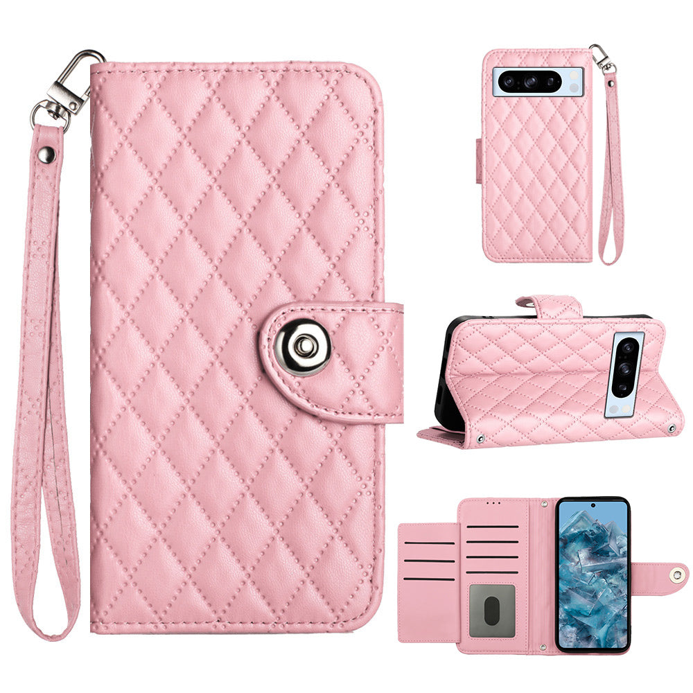 YB Imprinting Series-8 for Google Pixel 8 Pro Case Wallet Rhombus Pattern Phone Cover with Handy Strap