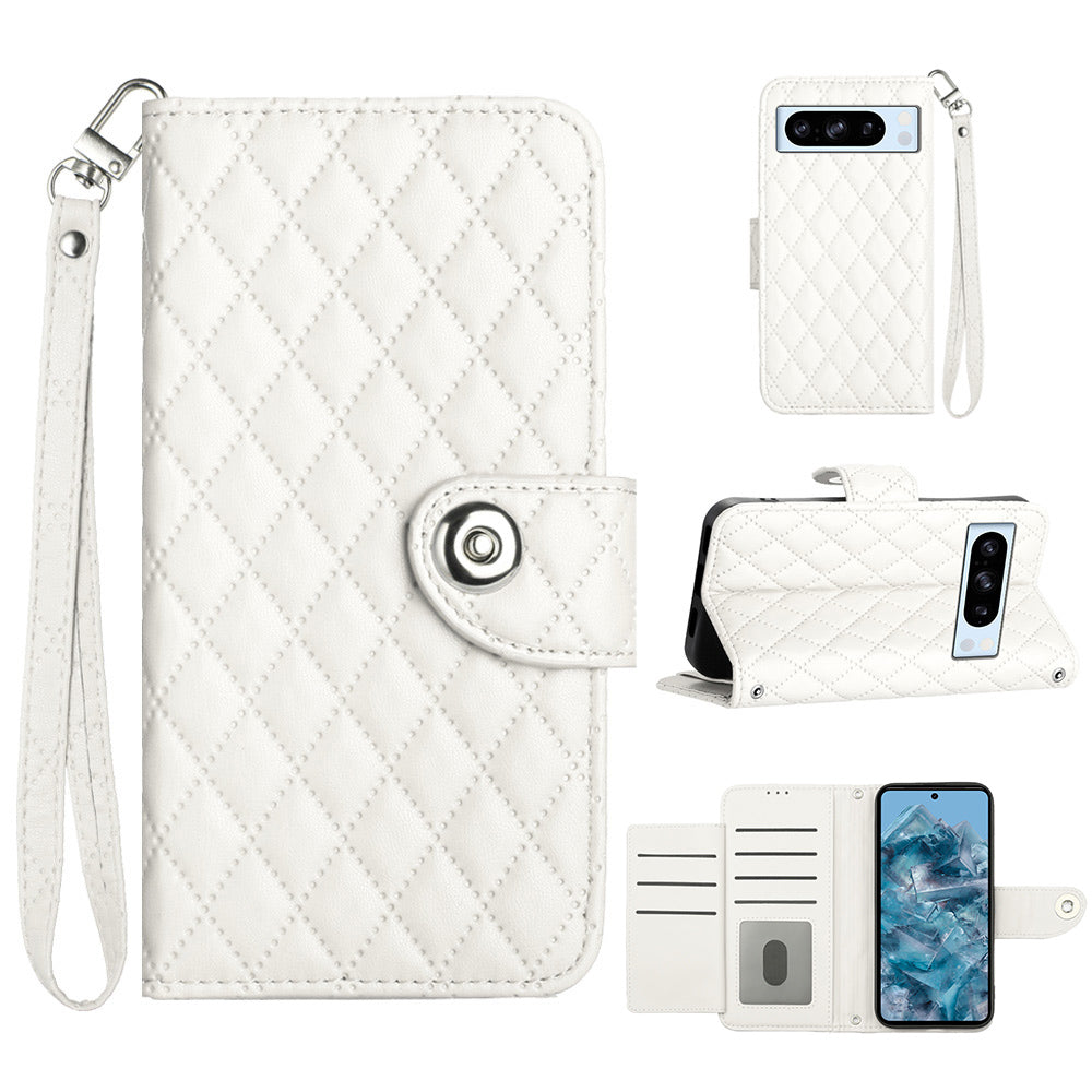 YB Imprinting Series-8 for Google Pixel 8 Pro Case Wallet Rhombus Pattern Phone Cover with Handy Strap