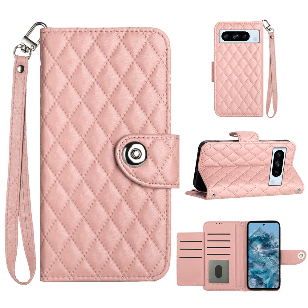 YB Imprinting Series-8 for Google Pixel 8 Pro Case Wallet Rhombus Pattern Phone Cover with Handy Strap