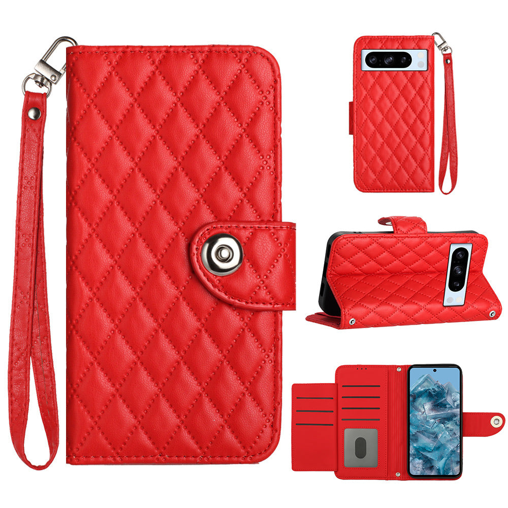 YB Imprinting Series-8 for Google Pixel 8 Pro Case Wallet Rhombus Pattern Phone Cover with Handy Strap