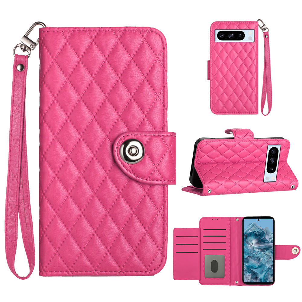 YB Imprinting Series-8 for Google Pixel 8 Pro Case Wallet Rhombus Pattern Phone Cover with Handy Strap