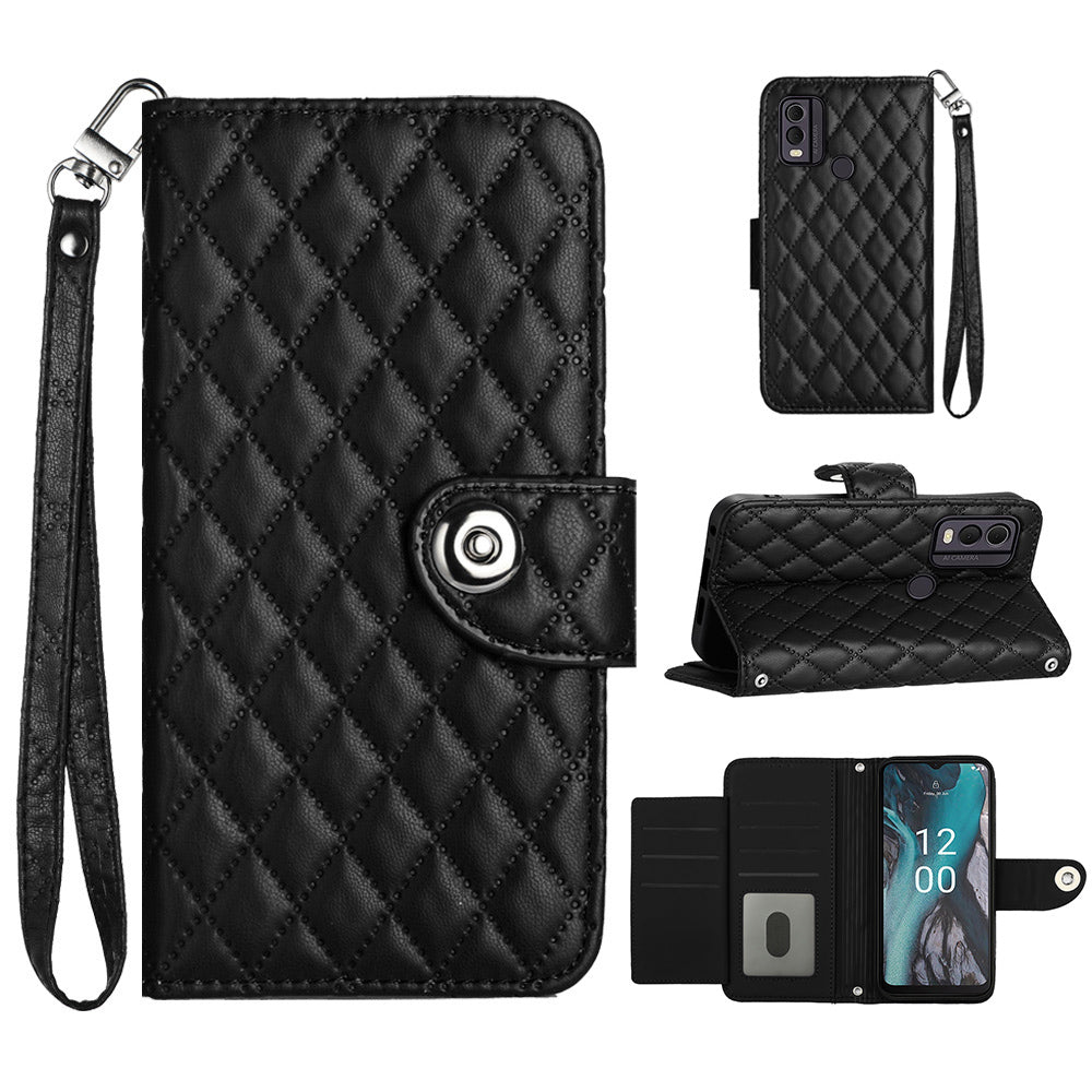 YB Imprinting Series-8 for Nokia C22 Leather Case with Hand Strap Wallet 7 Card Slots Cover