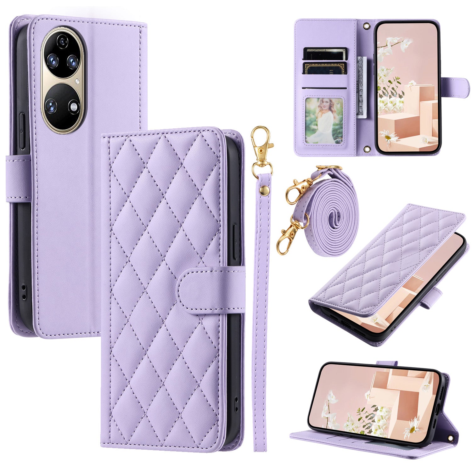 For Huawei P50 4G Case with Shoulder Strap Stand PU Leather Wallet Phone Cover