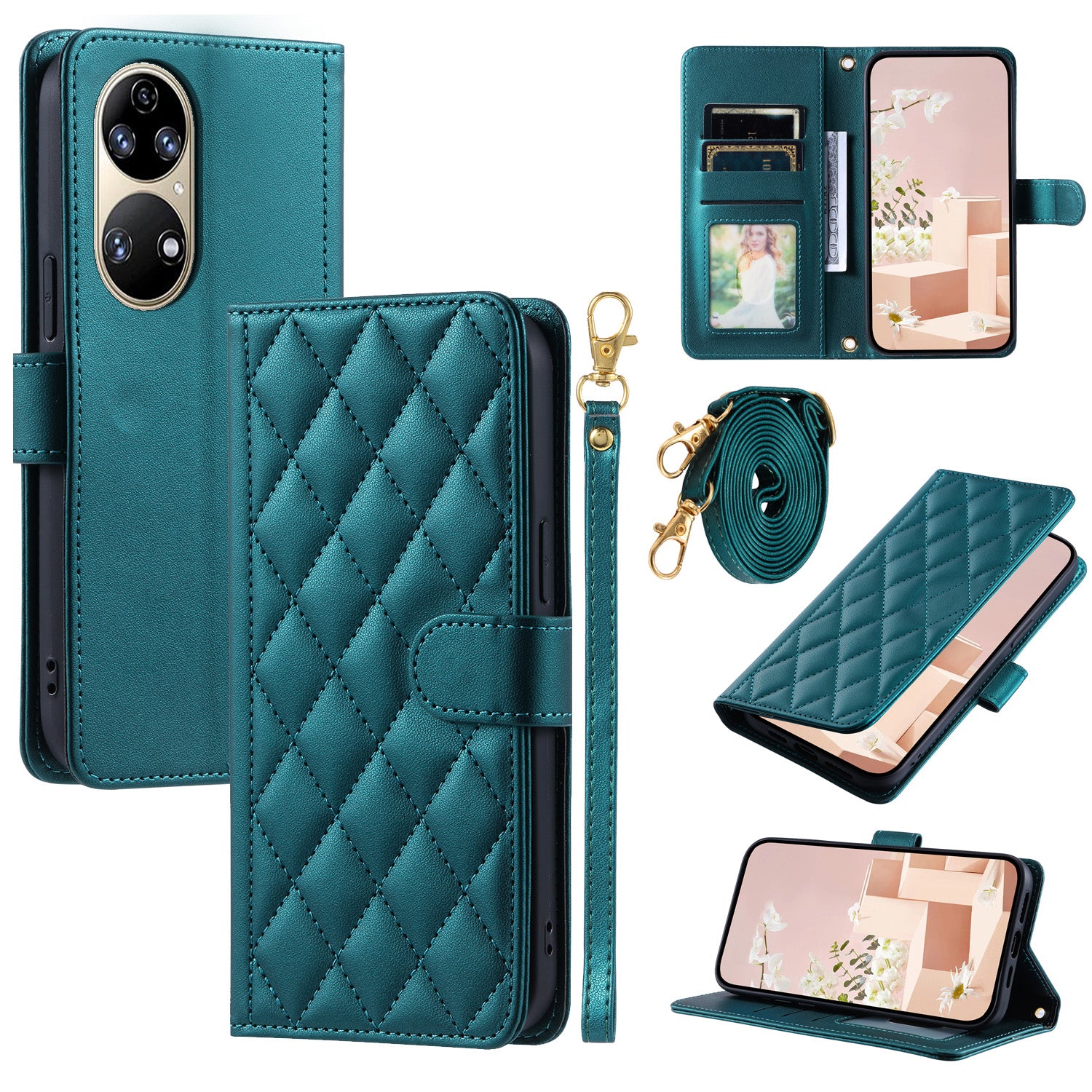For Huawei P50 4G Case with Shoulder Strap Stand PU Leather Wallet Phone Cover