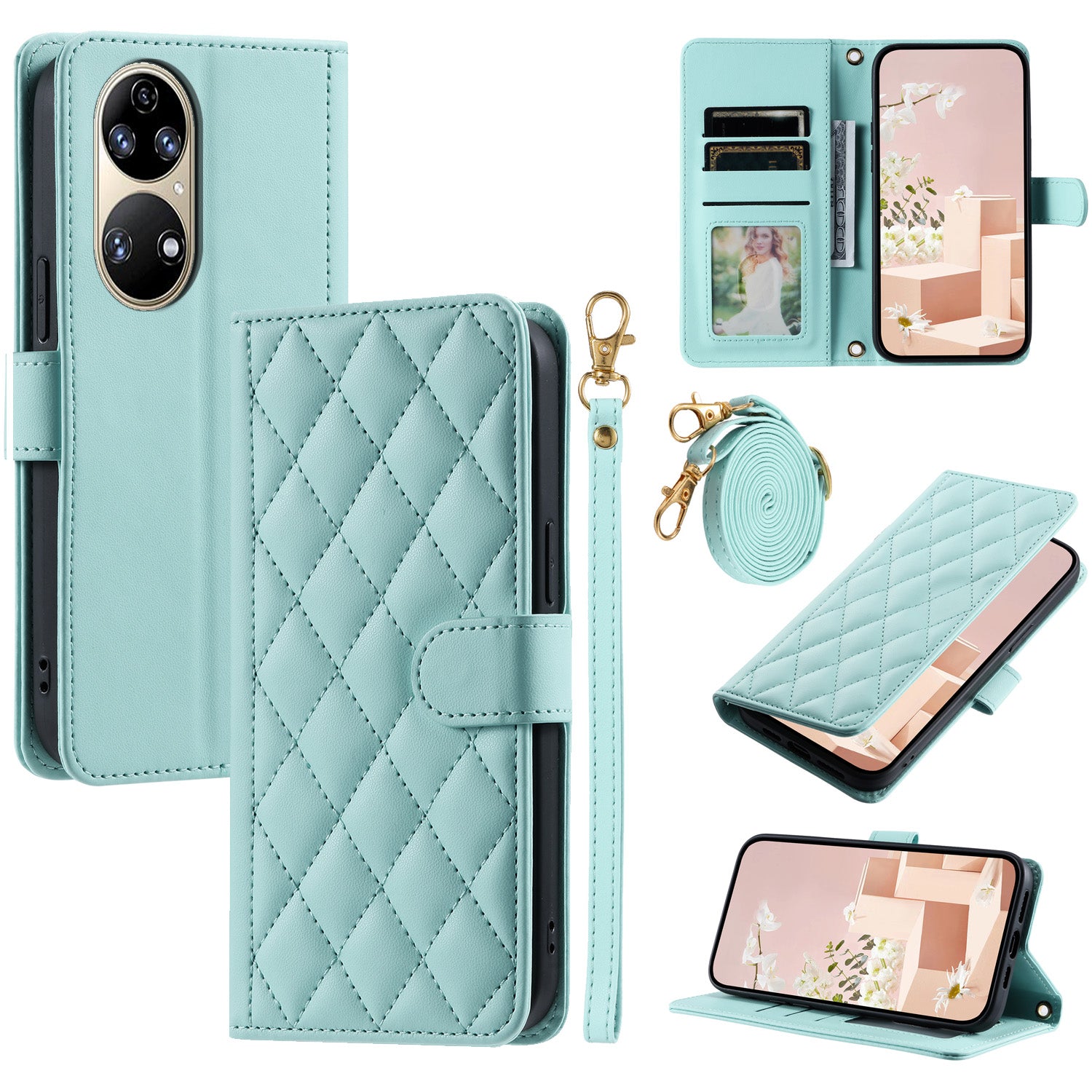 For Huawei P50 4G Case with Shoulder Strap Stand PU Leather Wallet Phone Cover