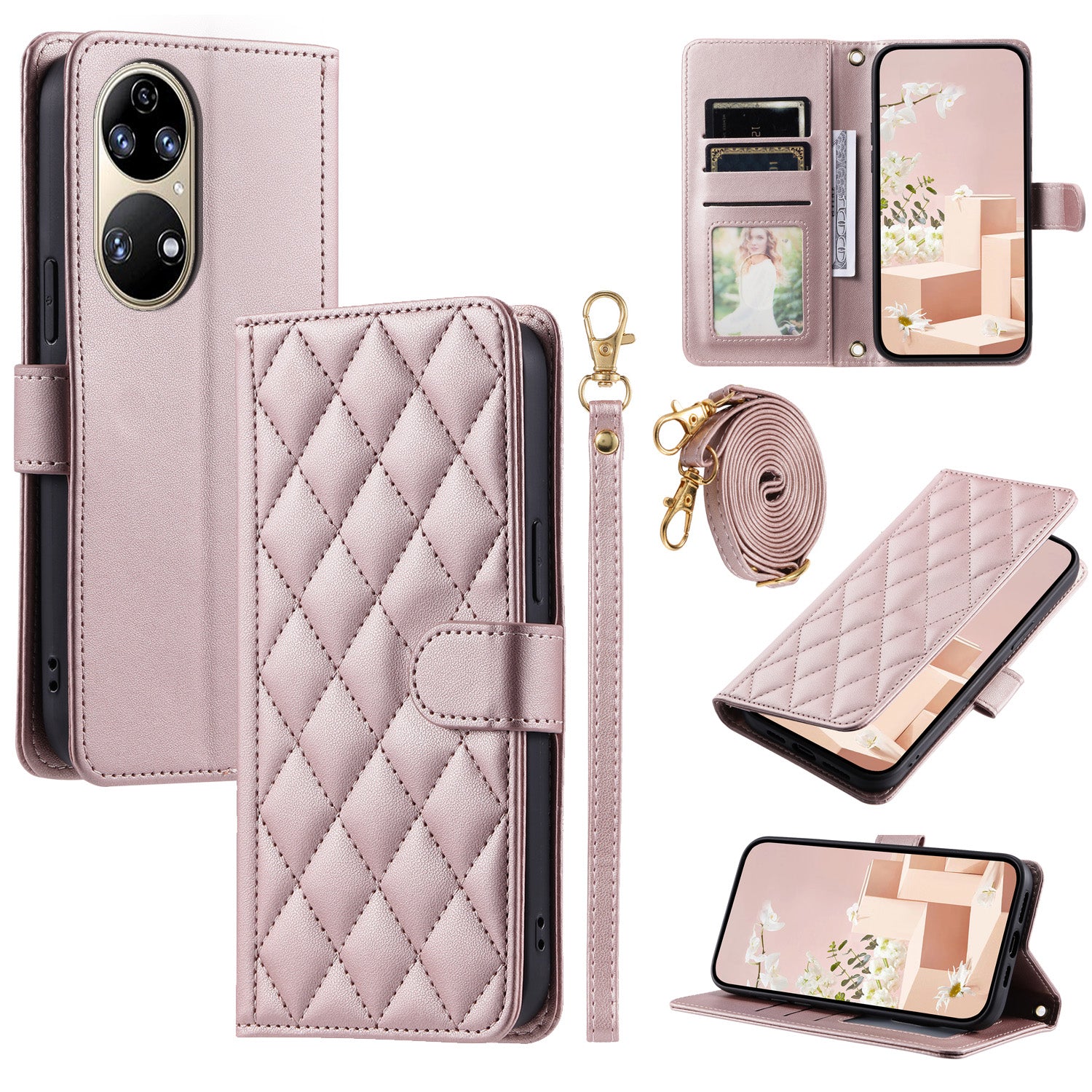For Huawei P50 4G Case with Shoulder Strap Stand PU Leather Wallet Phone Cover