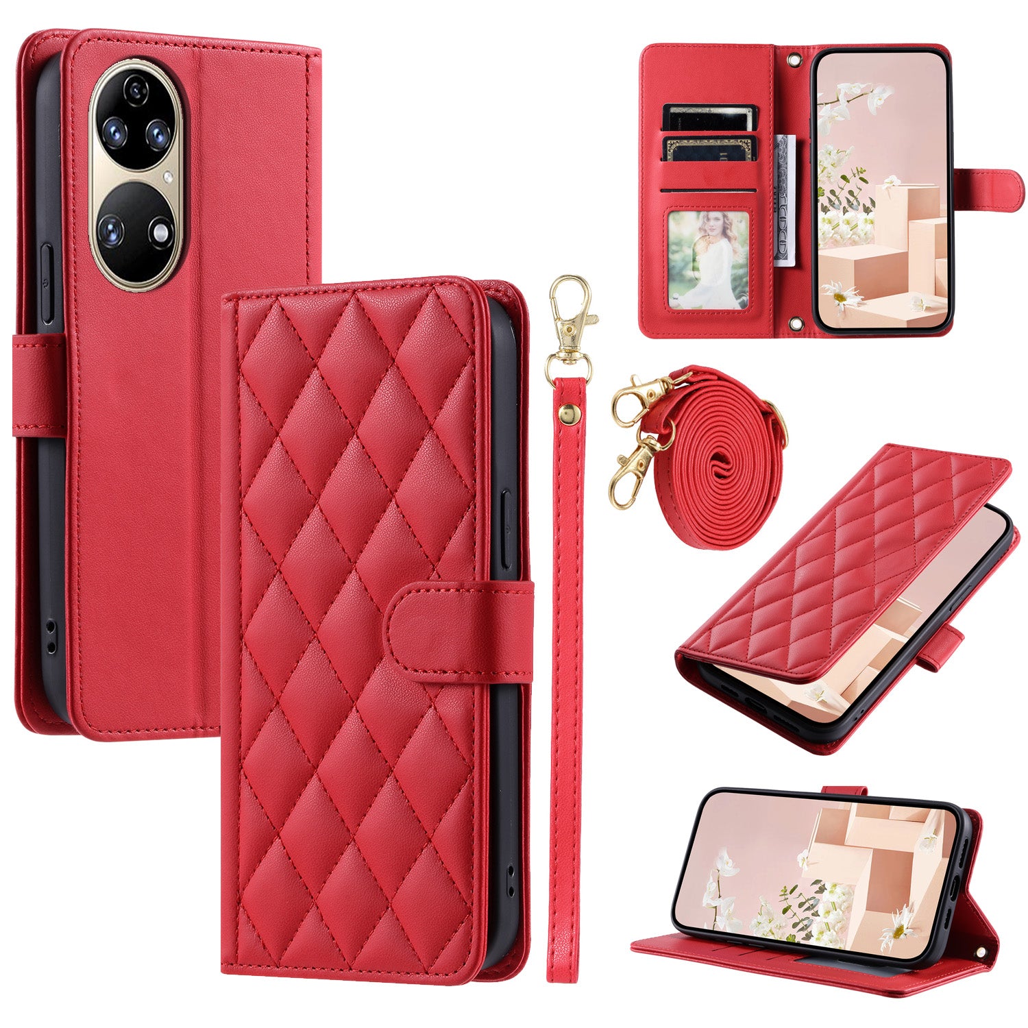 For Huawei P50 4G Case with Shoulder Strap Stand PU Leather Wallet Phone Cover