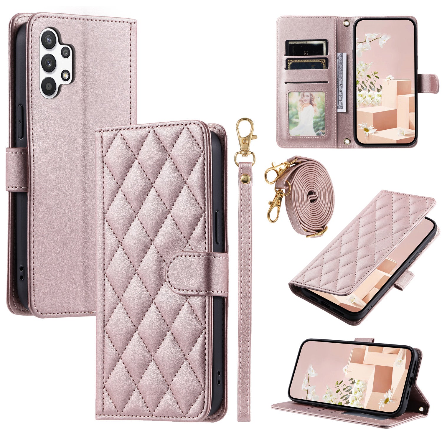 For Samsung Galaxy A32 5G / M32 5G Case Rhombus Grid Wallet Crossbody Phone Bag Cover