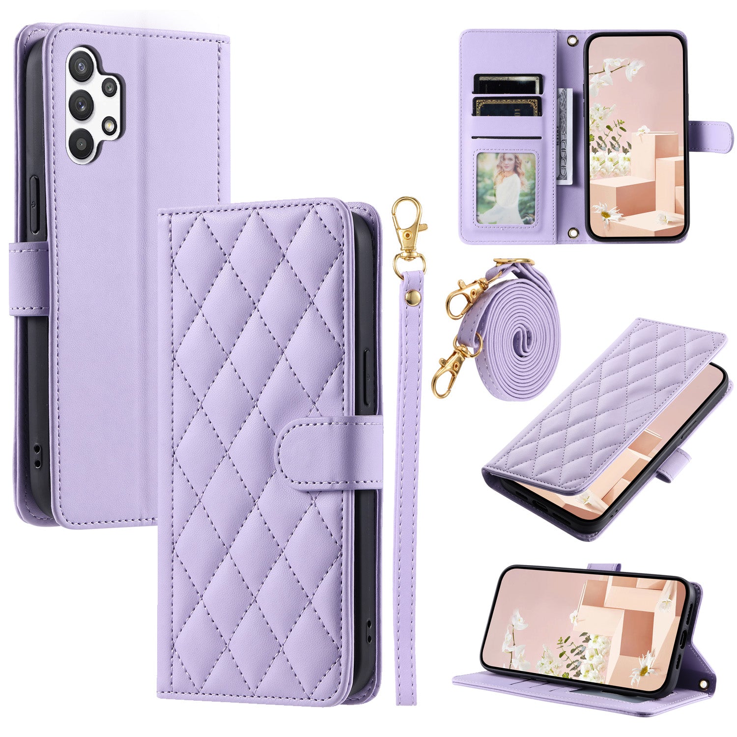 For Samsung Galaxy A32 5G / M32 5G Case Rhombus Grid Wallet Crossbody Phone Bag Cover