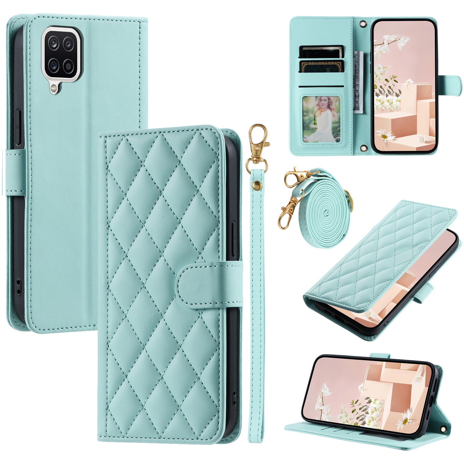 For Samsung Galaxy A12 Case Leather Wallet Flip Phone Cover with Shoulder Strap