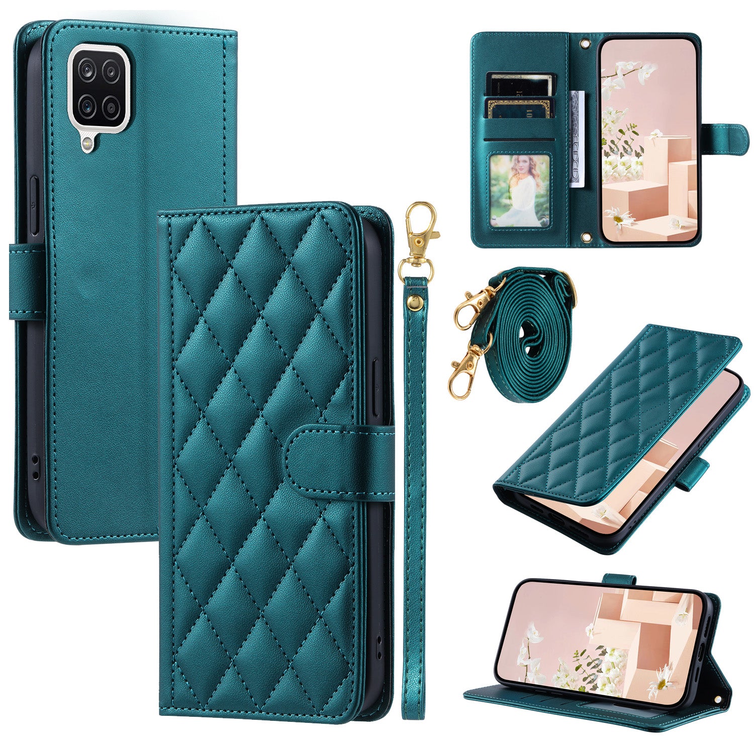 For Samsung Galaxy A12 Case Leather Wallet Flip Phone Cover with Shoulder Strap