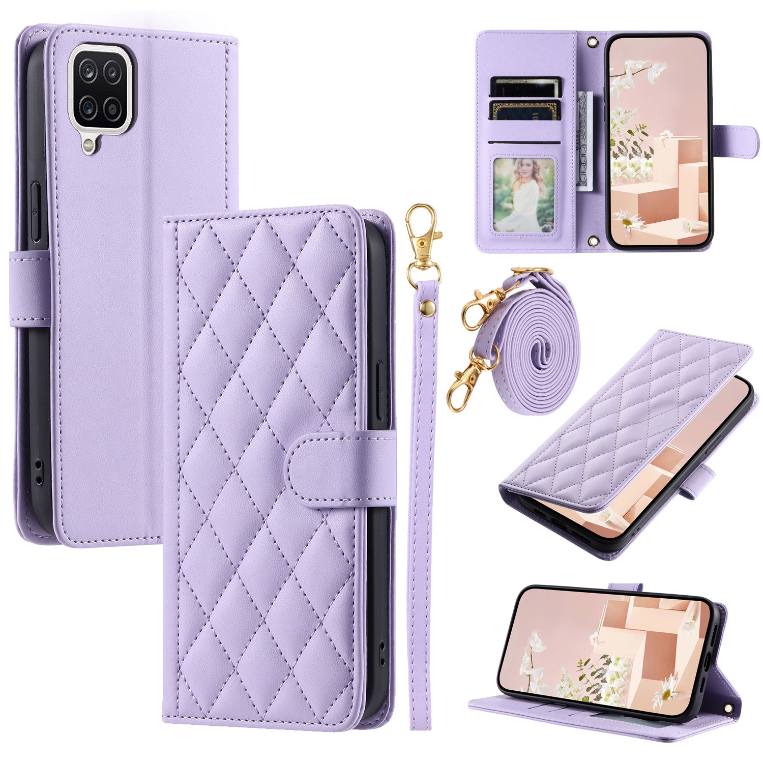 For Samsung Galaxy A12 Case Leather Wallet Flip Phone Cover with Shoulder Strap