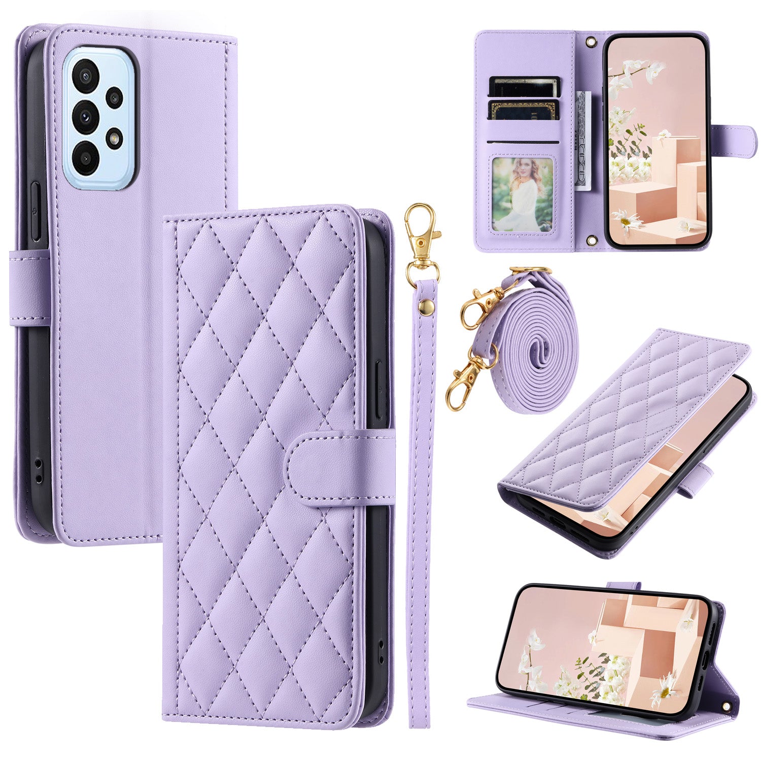 For Samsung Galaxy A73 5G Case Rhombus Grid PU Leather Crossbody Phone Cover