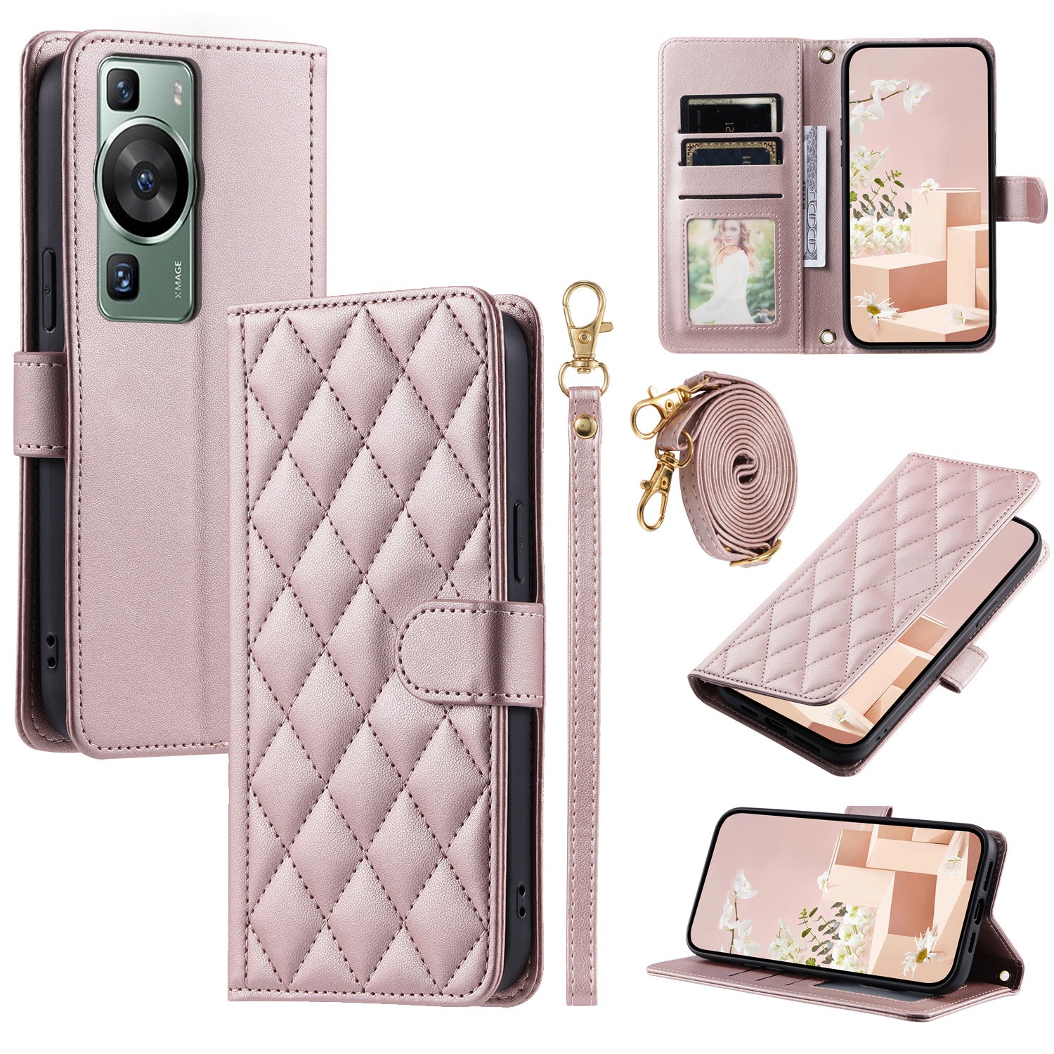 For Huawei P60 / P60 Pro Wallet Case Leather Phone Cover Rhombus Grid Pattern