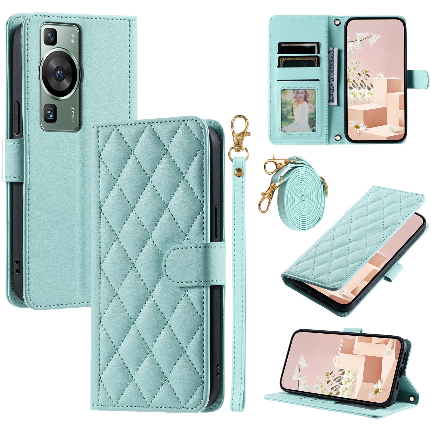 For Huawei P60 / P60 Pro Wallet Case Leather Phone Cover Rhombus Grid Pattern