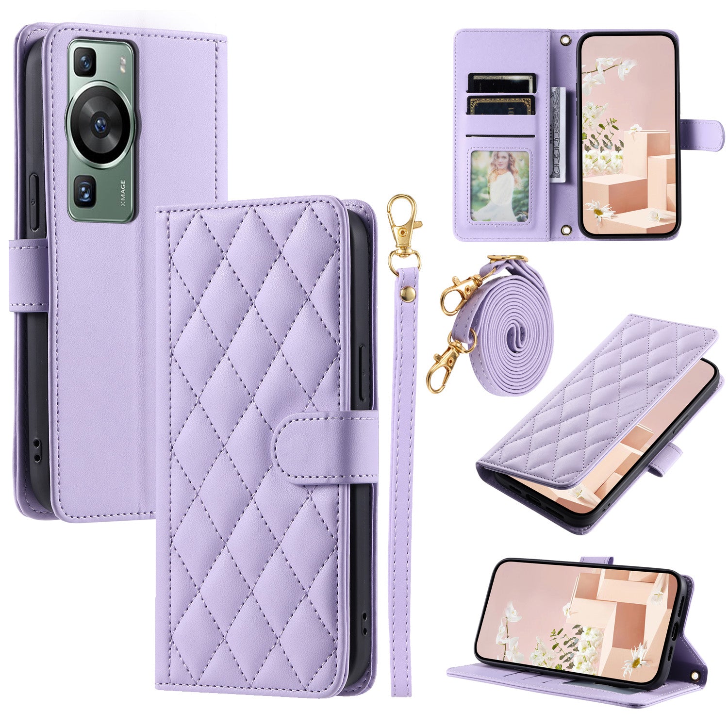 For Huawei P60 / P60 Pro Wallet Case Leather Phone Cover Rhombus Grid Pattern