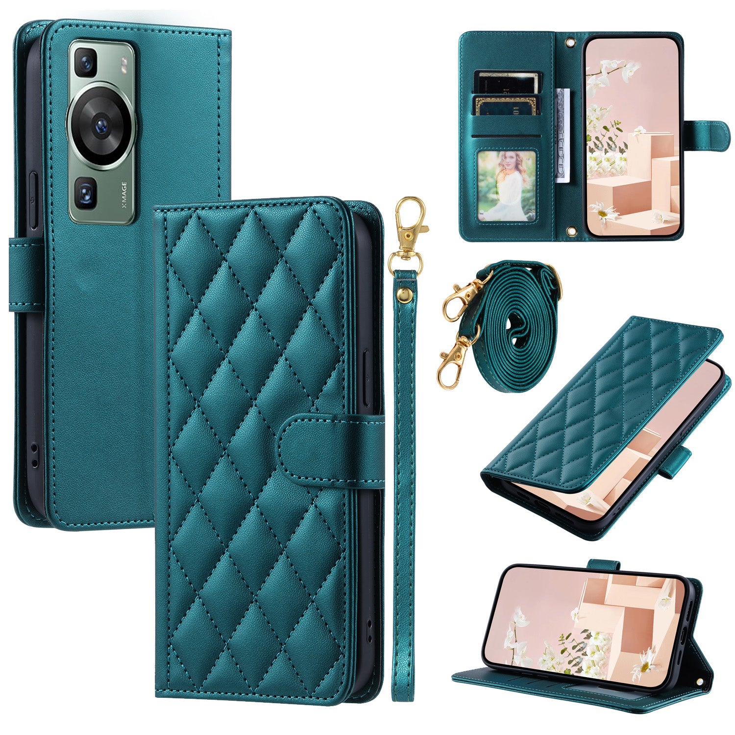 For Huawei P60 / P60 Pro Wallet Case Leather Phone Cover Rhombus Grid Pattern