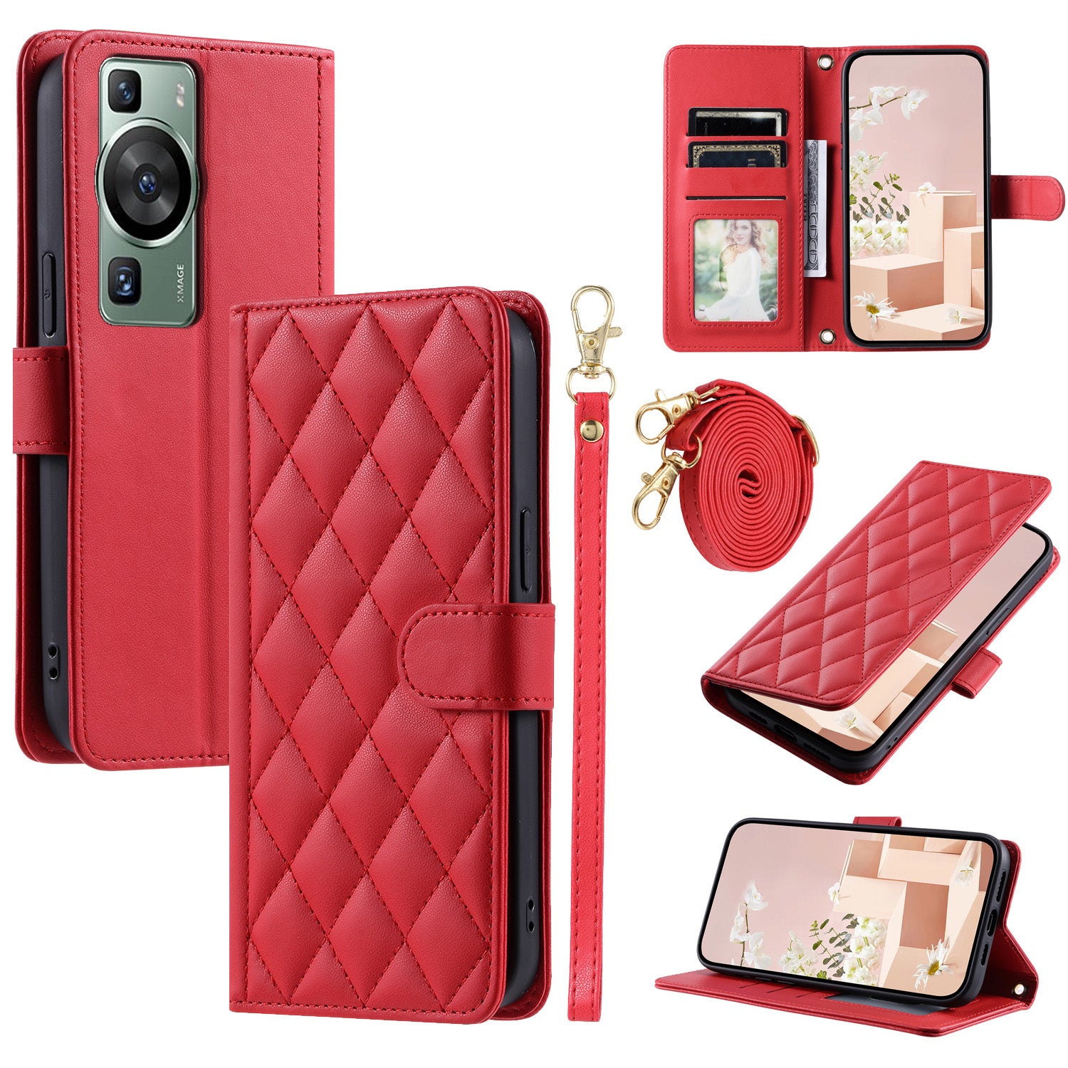 For Huawei P60 / P60 Pro Wallet Case Leather Phone Cover Rhombus Grid Pattern