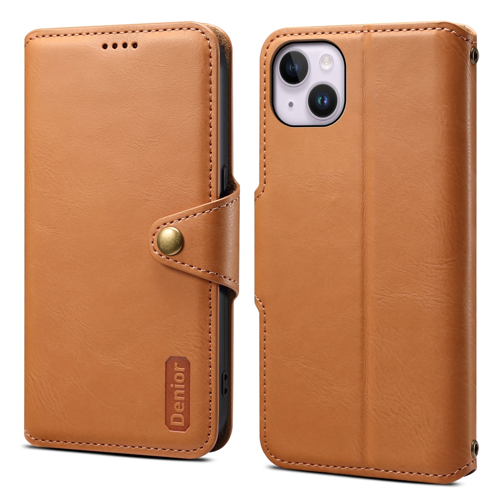 DENIOR For iPhone 15 Plus Leather Case Wallet Phone Cover Cowhide Texture