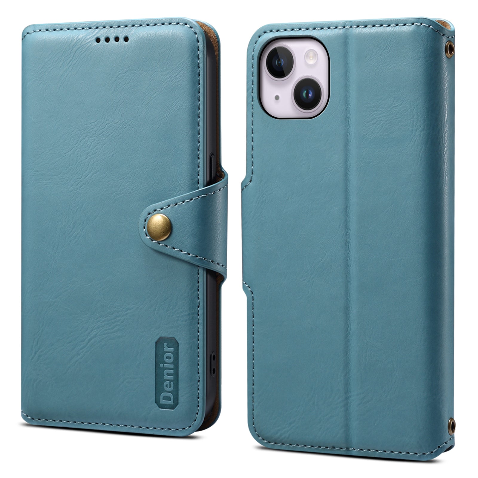DENIOR For iPhone 15 Plus Leather Case Wallet Phone Cover Cowhide Texture