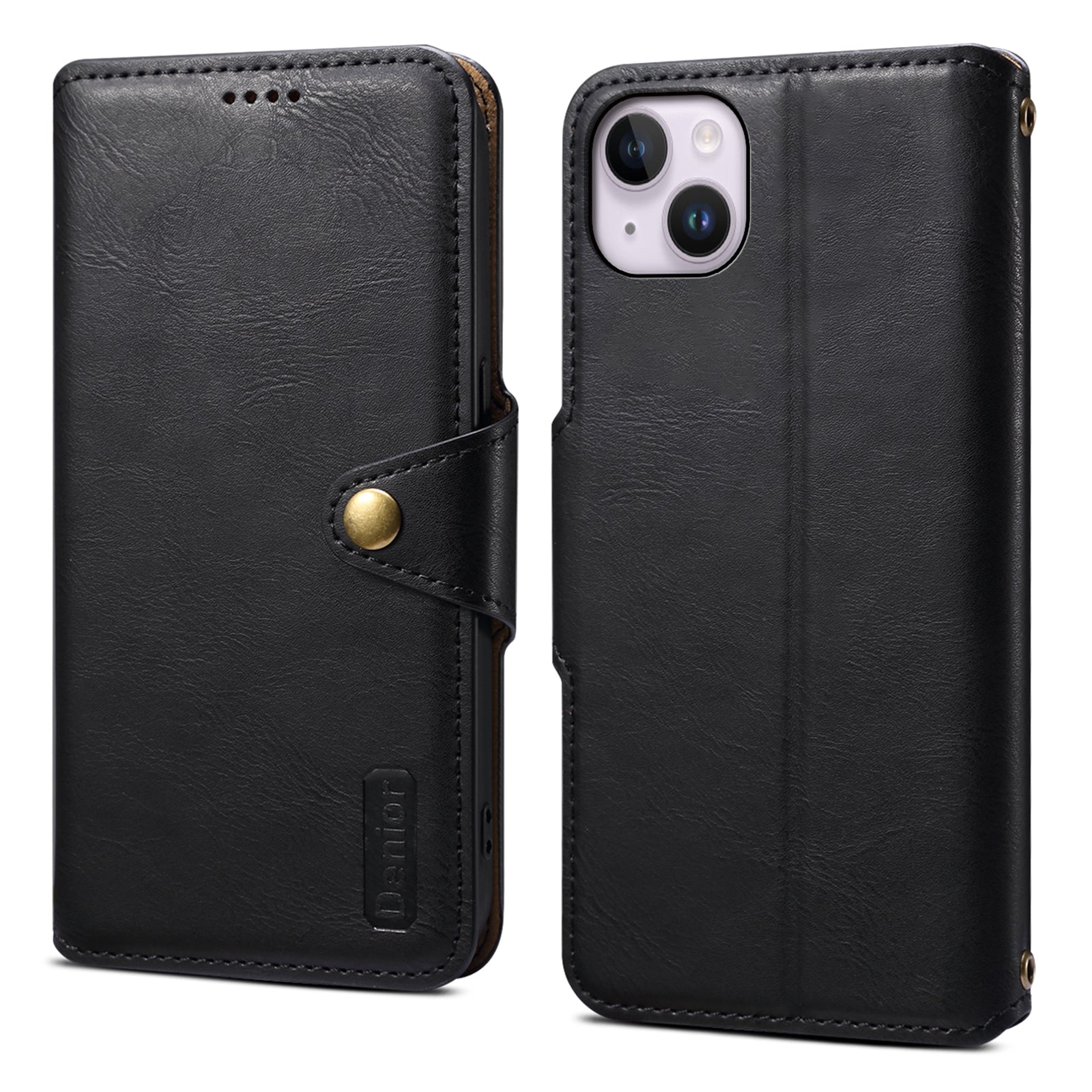 DENIOR For iPhone 15 Plus Leather Case Wallet Phone Cover Cowhide Texture