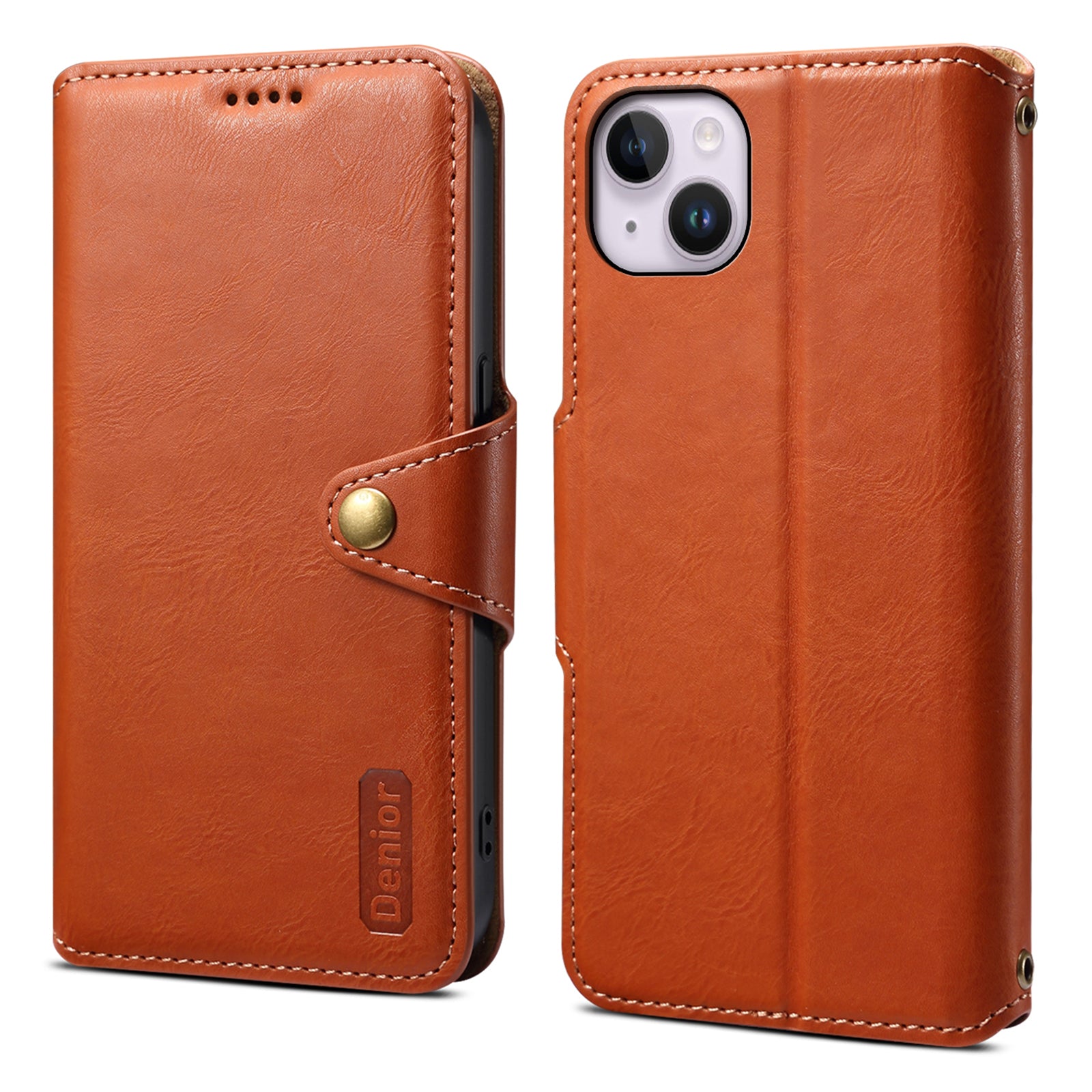 DENIOR For iPhone 15 Plus Leather Case Wallet Phone Cover Cowhide Texture