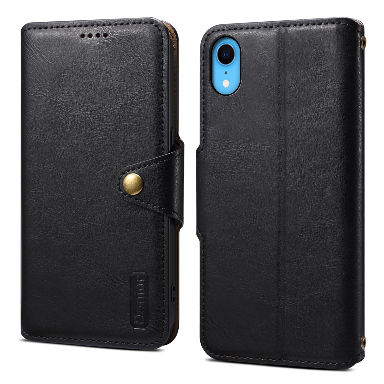 DENIOR For iPhone XR Case PU Leather Cowhide Texture Wallet Protective Phone Cover