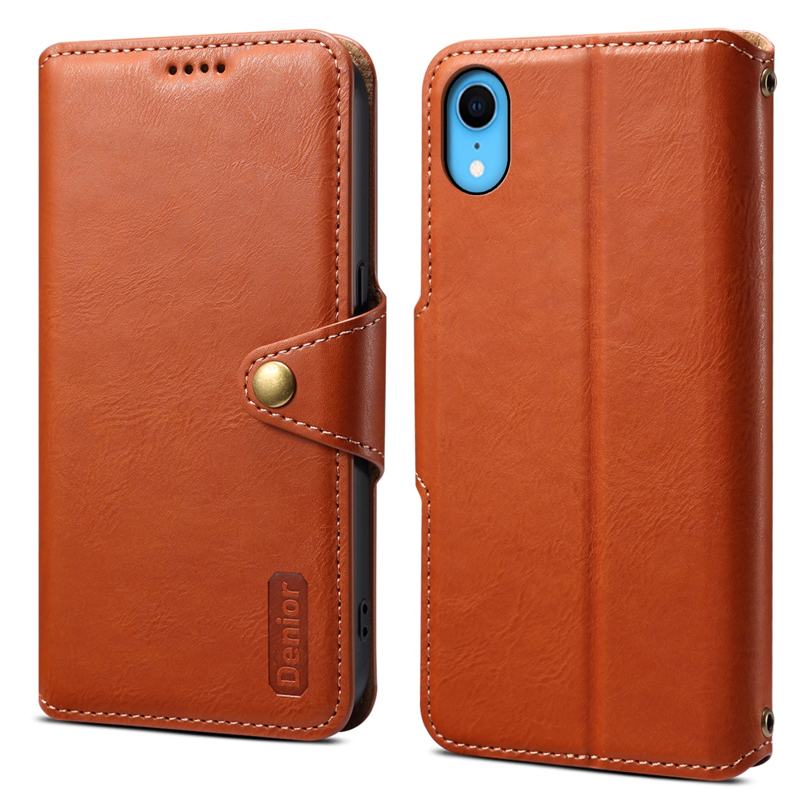 DENIOR For iPhone XR Case PU Leather Cowhide Texture Wallet Protective Phone Cover
