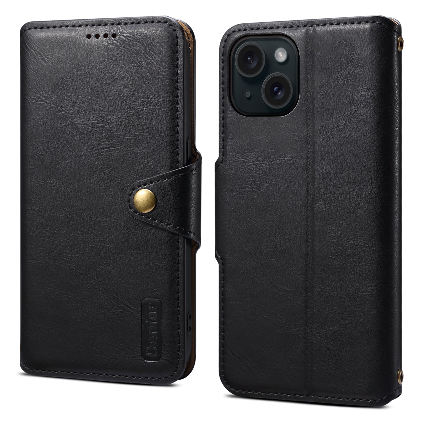 DENIOR For iPhone 15 Wallet Case Cowhide Texture PU Leather Phone Cover with Folding Stand
