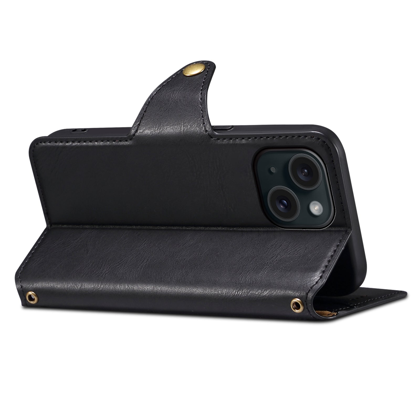 DENIOR For iPhone 15 Wallet Case Cowhide Texture PU Leather Phone Cover with Folding Stand