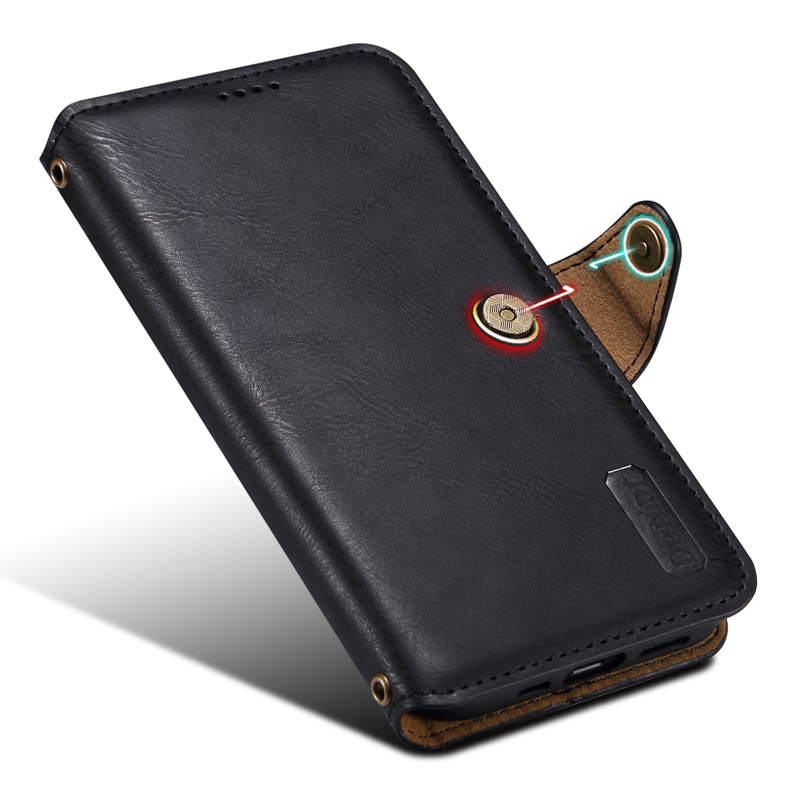 DENIOR For iPhone 15 Wallet Case Cowhide Texture PU Leather Phone Cover with Folding Stand