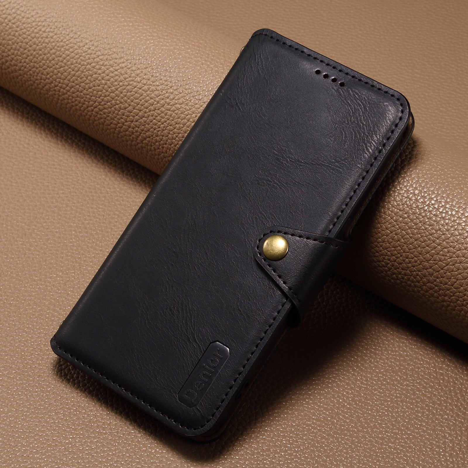 DENIOR For iPhone 15 Wallet Case Cowhide Texture PU Leather Phone Cover with Folding Stand