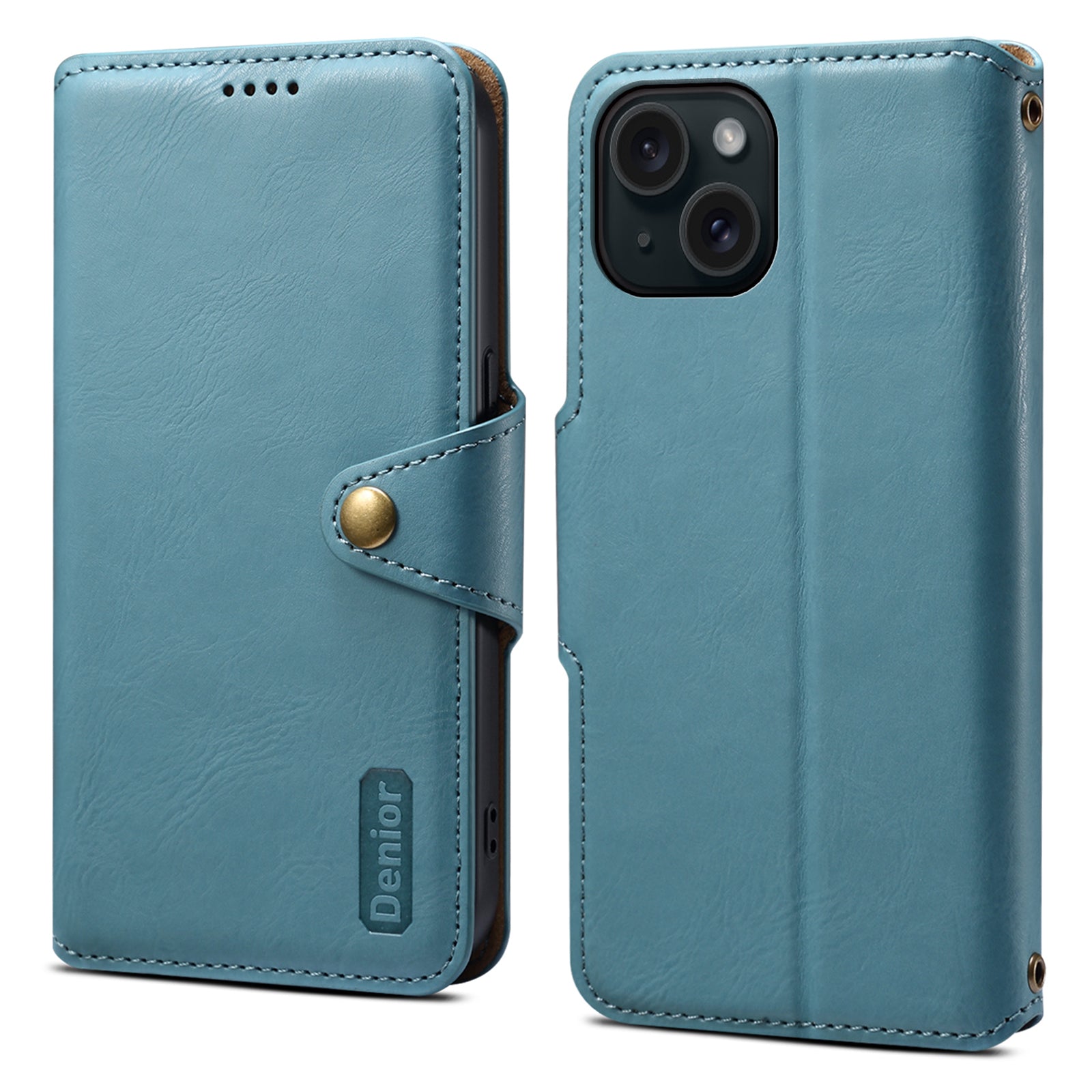 DENIOR For iPhone 15 Wallet Case Cowhide Texture PU Leather Phone Cover with Folding Stand