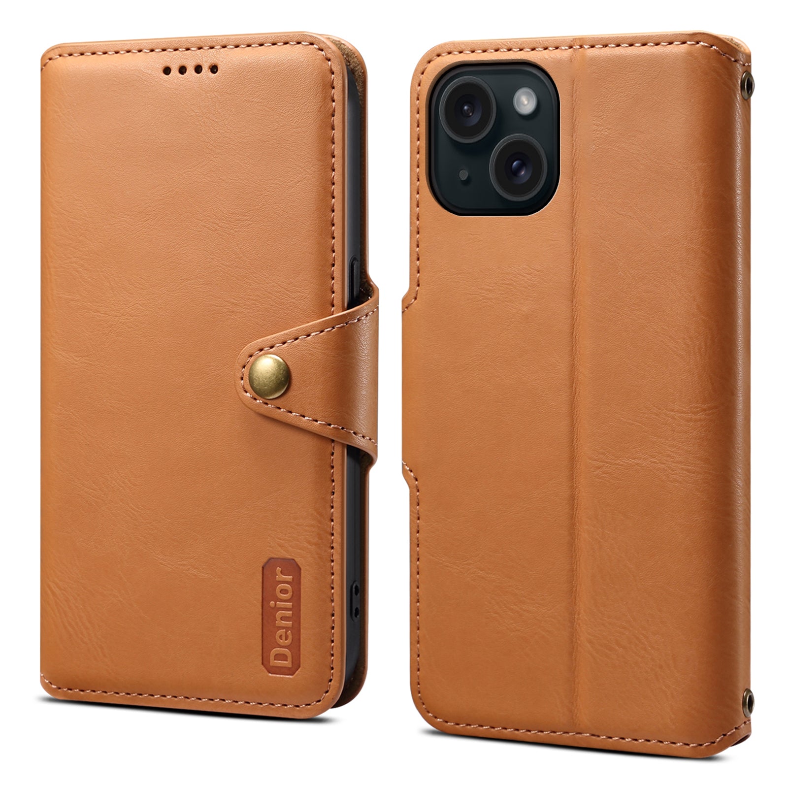 DENIOR For iPhone 15 Wallet Case Cowhide Texture PU Leather Phone Cover with Folding Stand