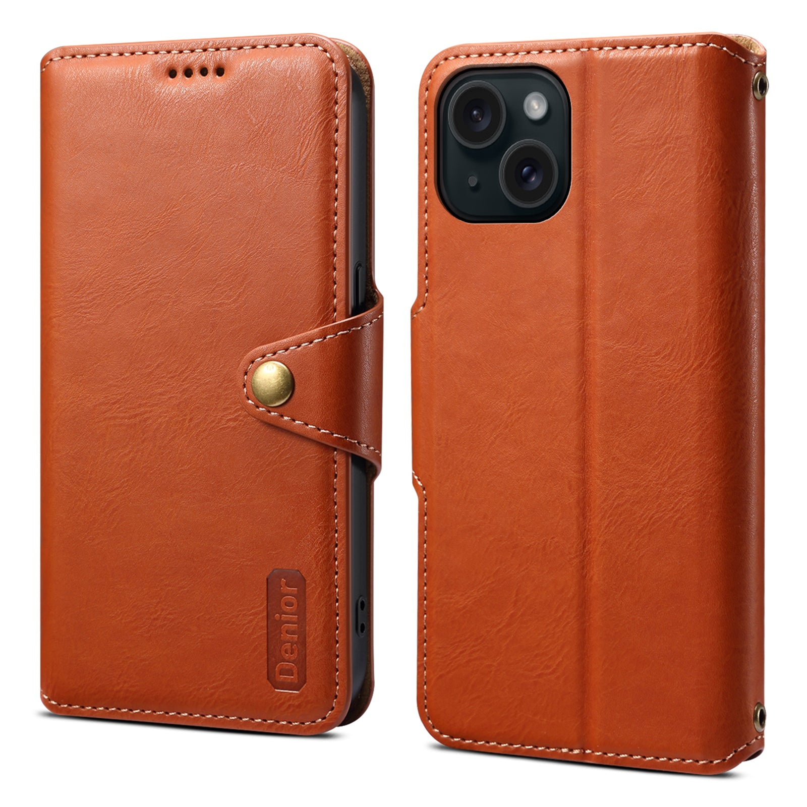 DENIOR For iPhone 15 Wallet Case Cowhide Texture PU Leather Phone Cover with Folding Stand