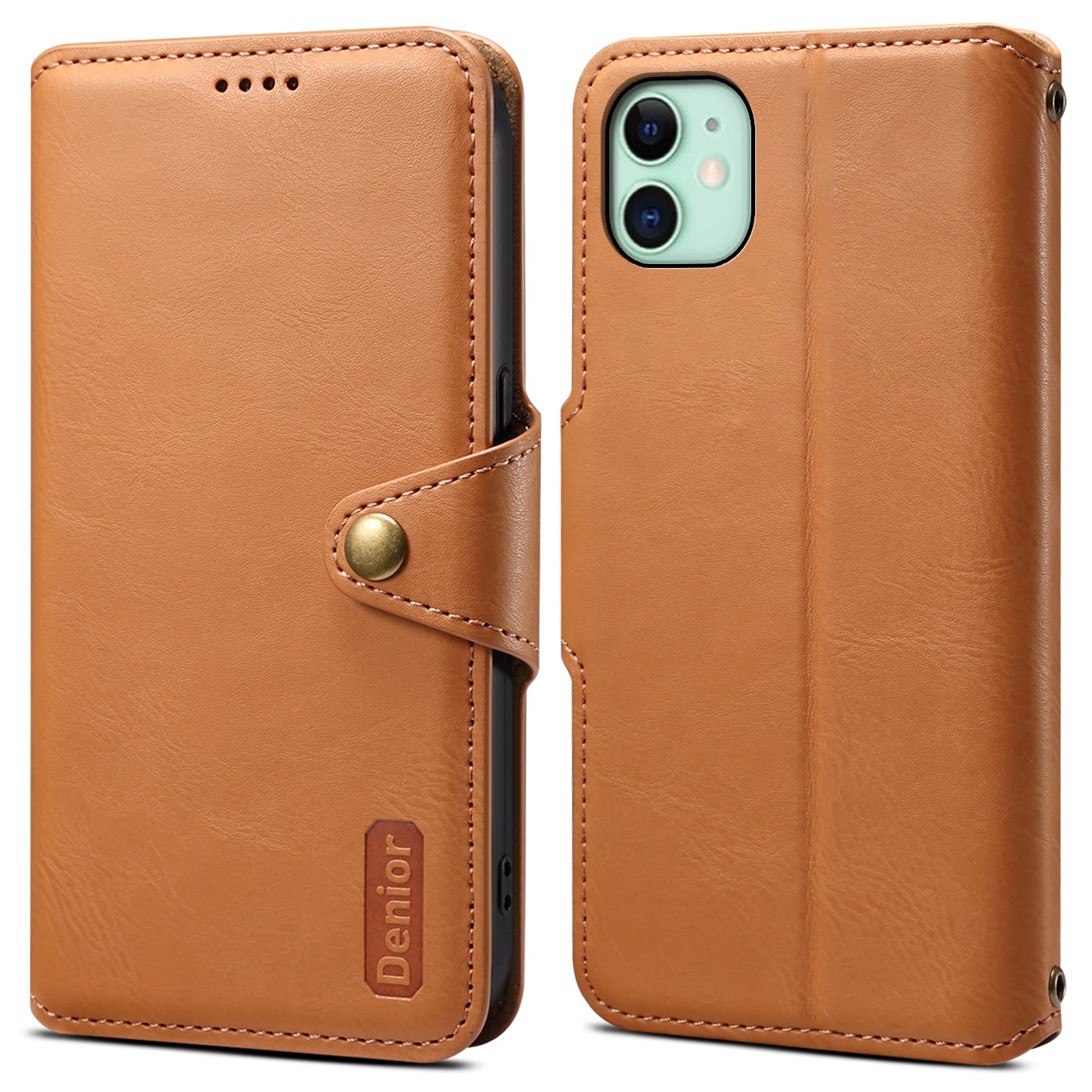 DENIOR For iPhone 11 Case Cowhide Texture Leather Bump Proof Phone Wallet Cover