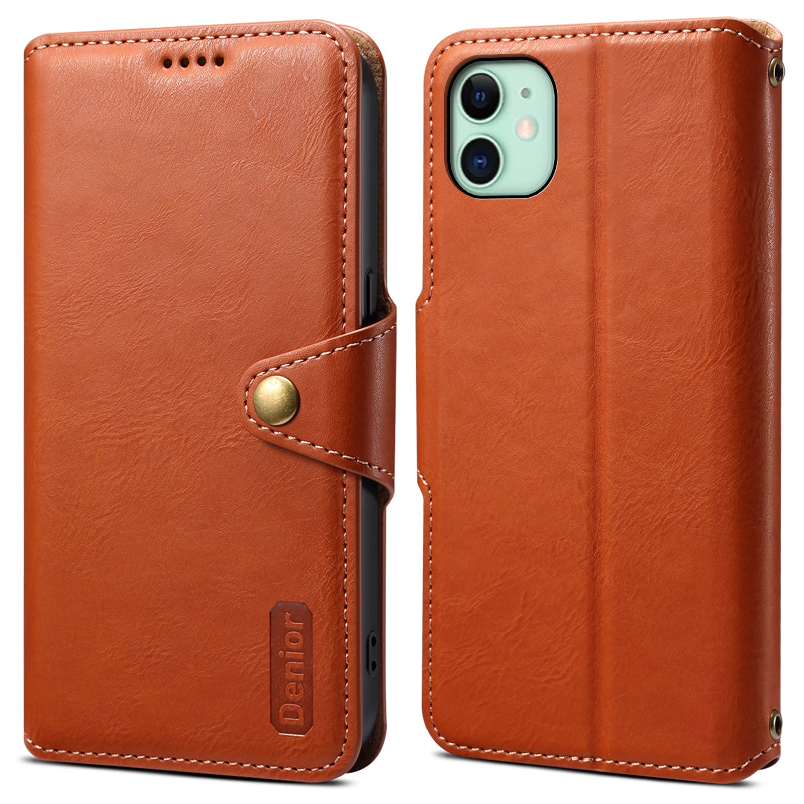 DENIOR For iPhone 11 Case Cowhide Texture Leather Bump Proof Phone Wallet Cover