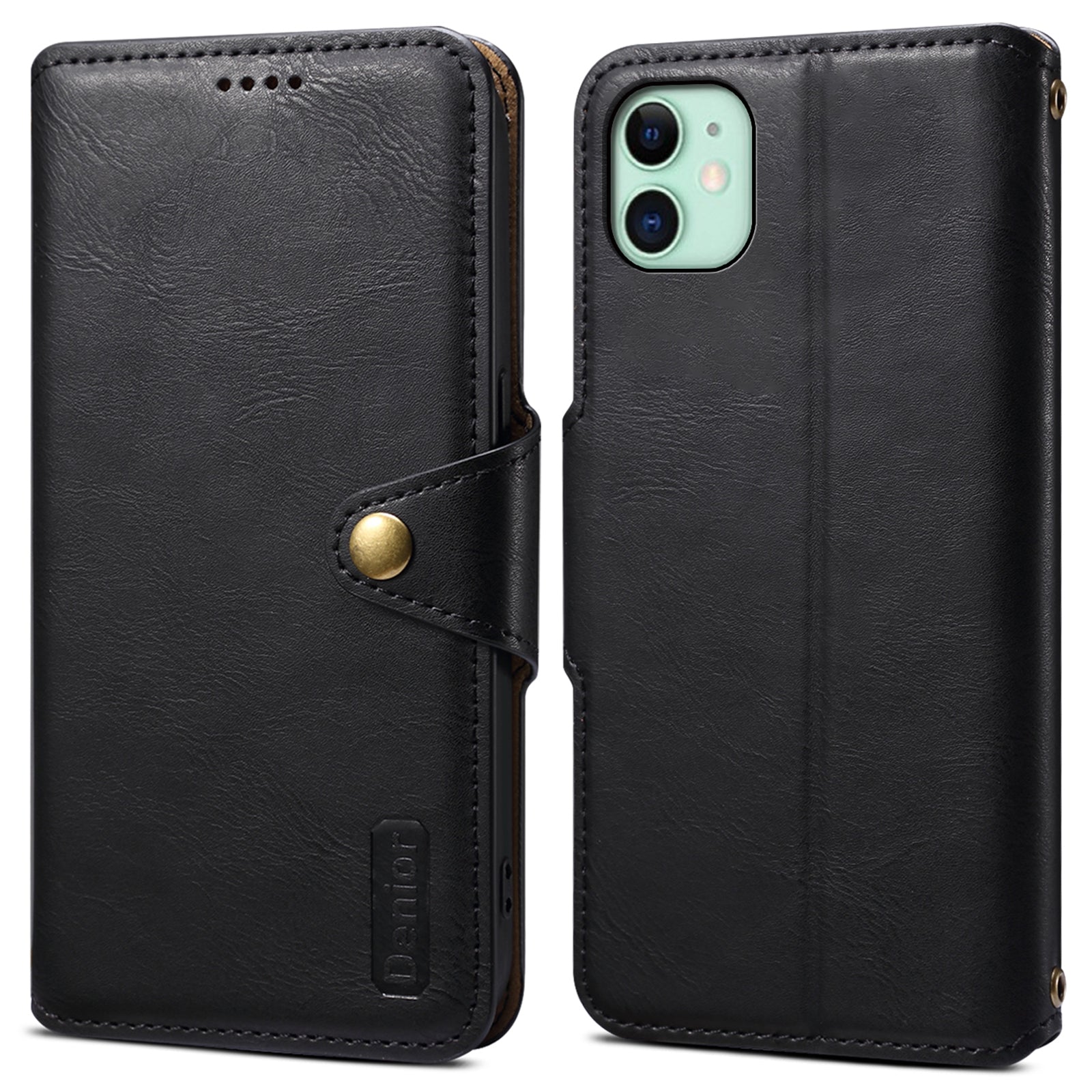 DENIOR For iPhone 11 Case Cowhide Texture Leather Bump Proof Phone Wallet Cover
