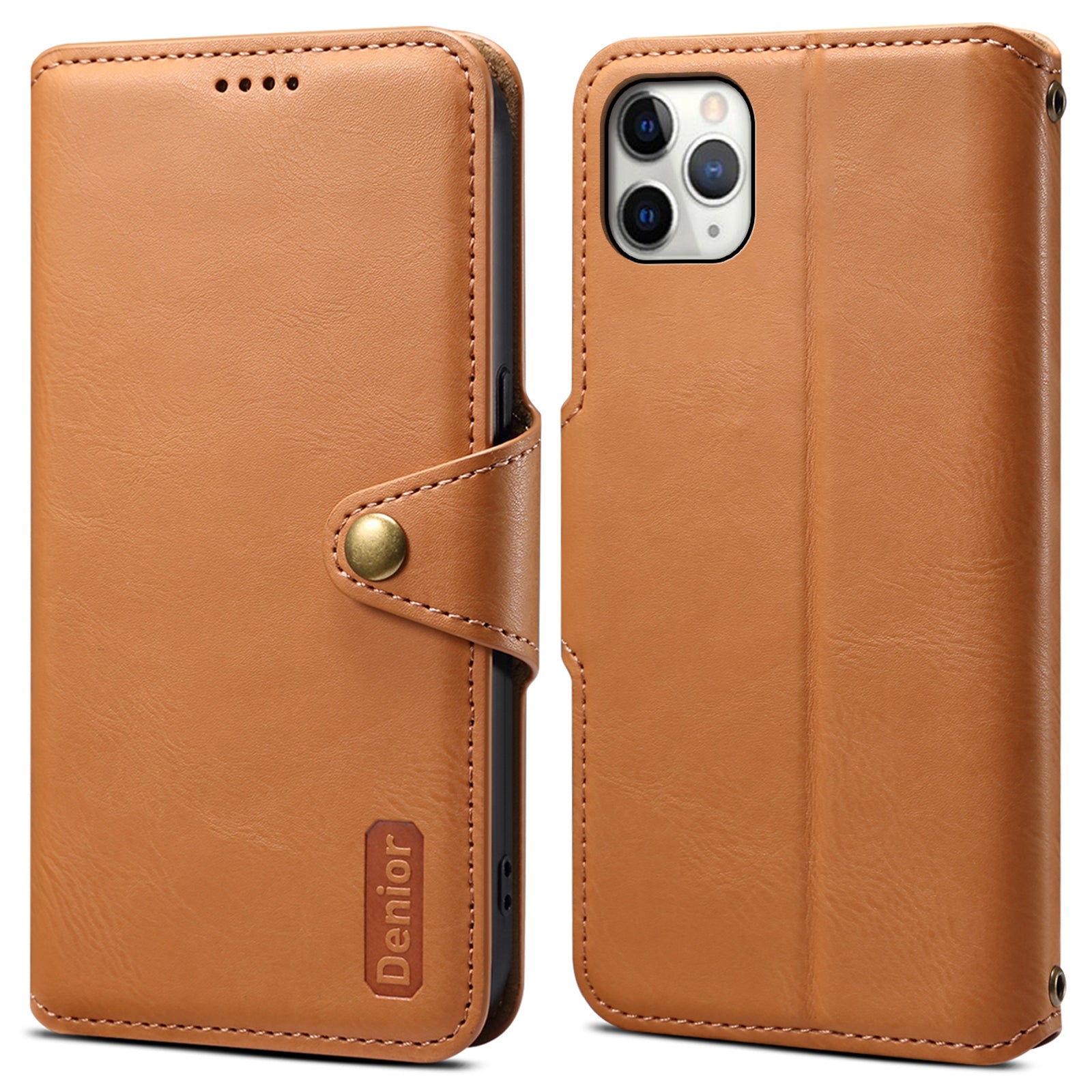 DENIOR For iPhone 11 Pro Max Leather Case Cowhide Texture Stand Cell Phone Cover
