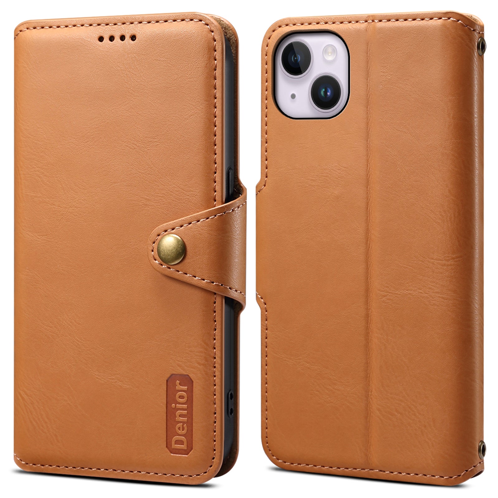 DENIOR For iPhone 14 Plus Shockproof Case Cowhide Texture Stand Mobile Phone Cover