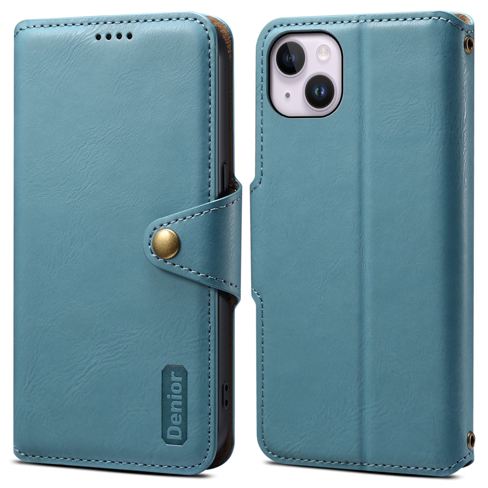 DENIOR For iPhone 14 Plus Shockproof Case Cowhide Texture Stand Mobile Phone Cover